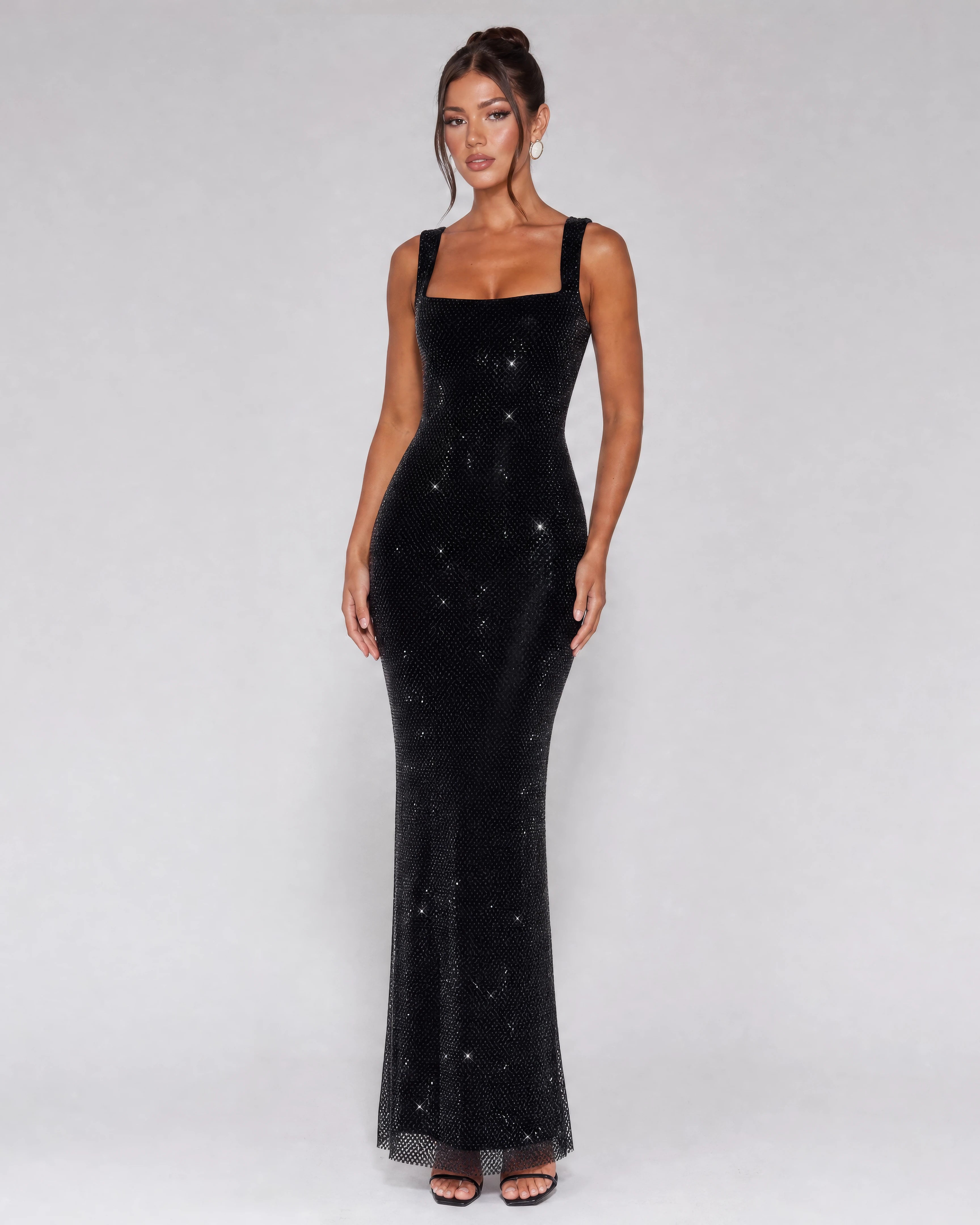 Aurelia rhinestone gown in black, studio front