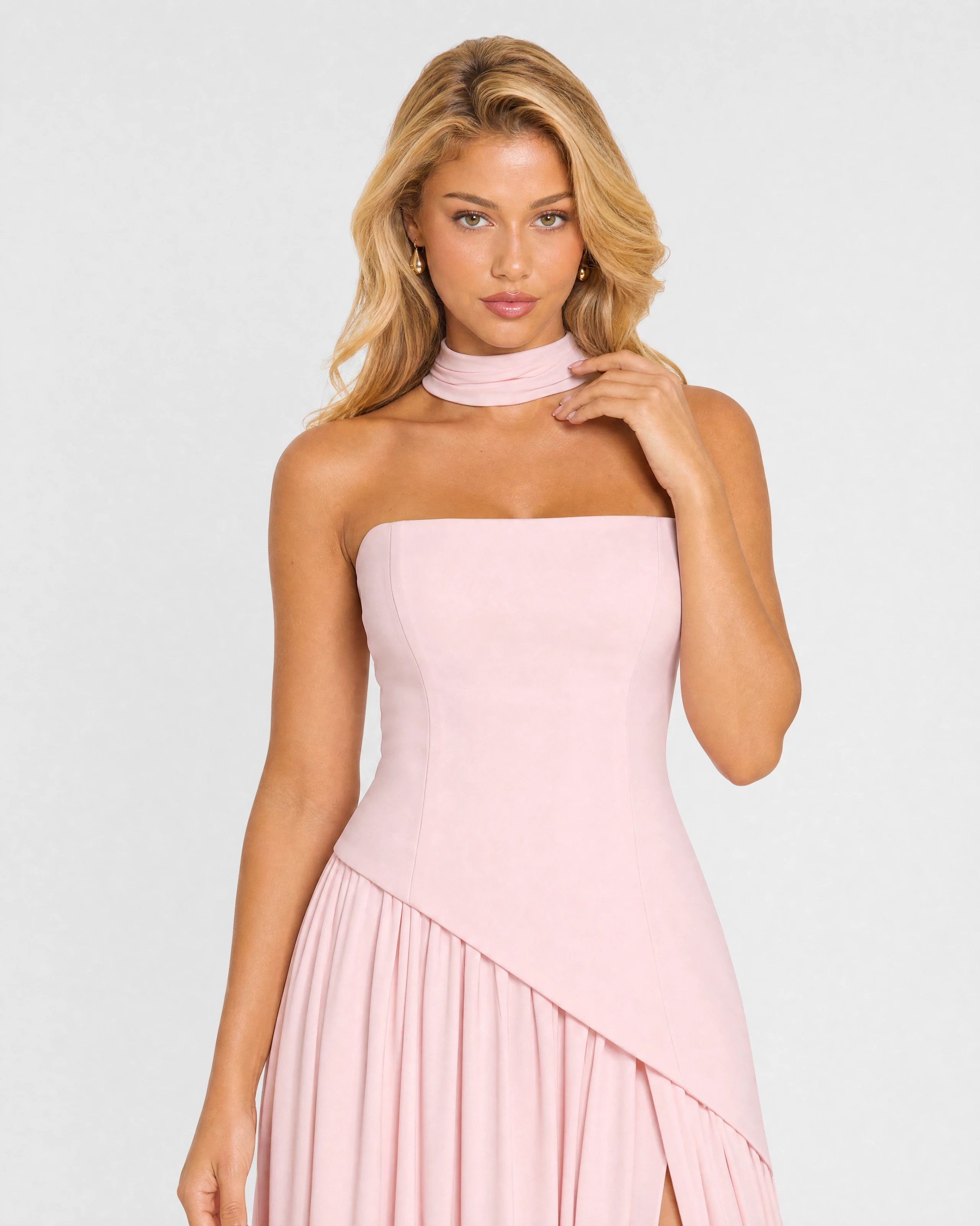 Bianca soft pink choker-neck maxi dress - choker and bodice close-up