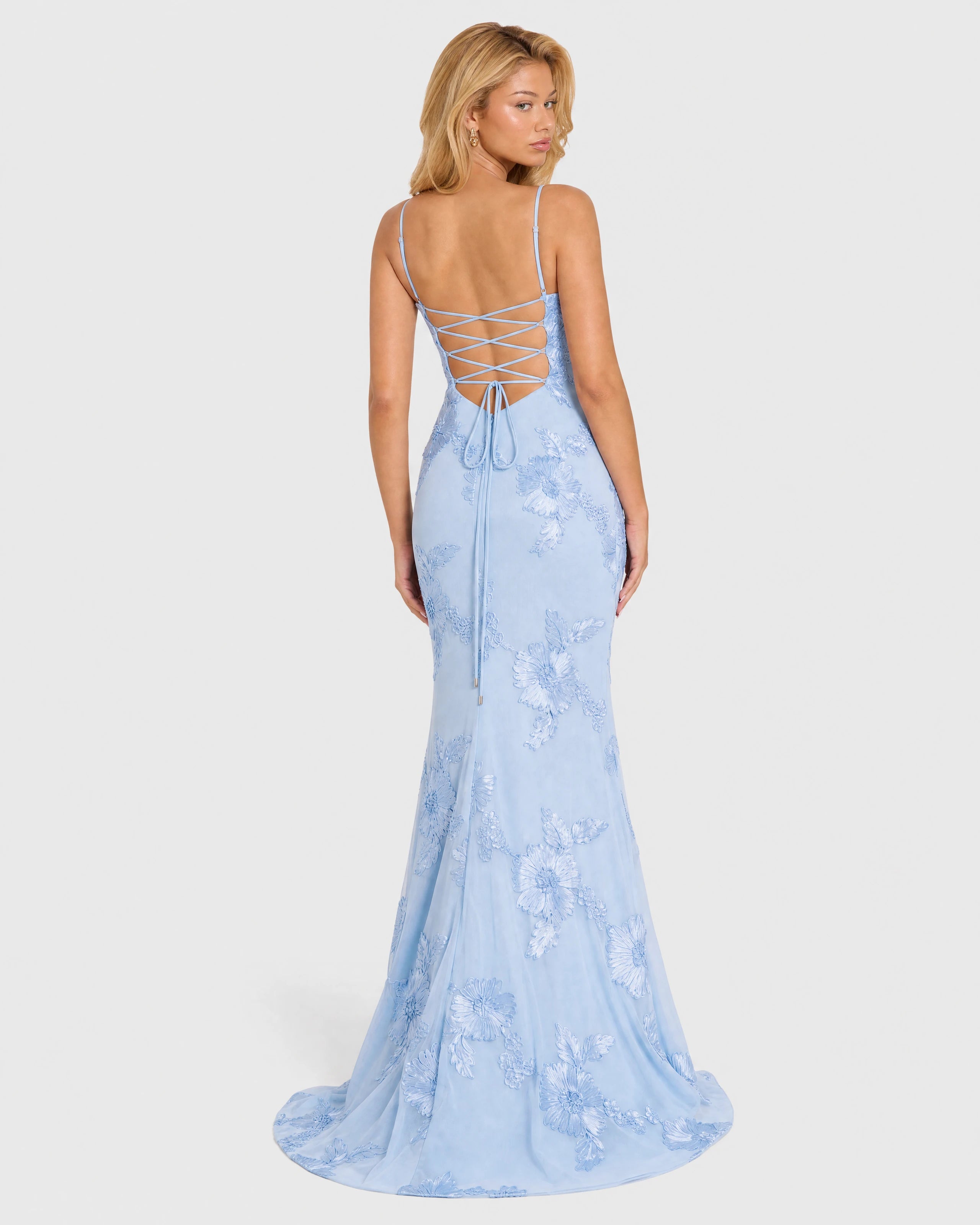 Celeste sky blue embroidered mermaid gown - back with lace-up