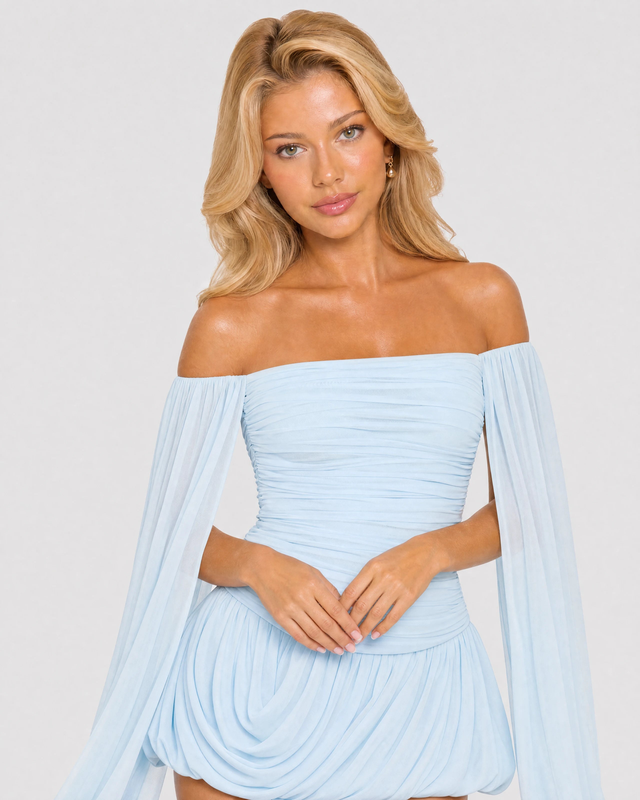 Eloise baby blue mini dress - ruched bodice close-up
