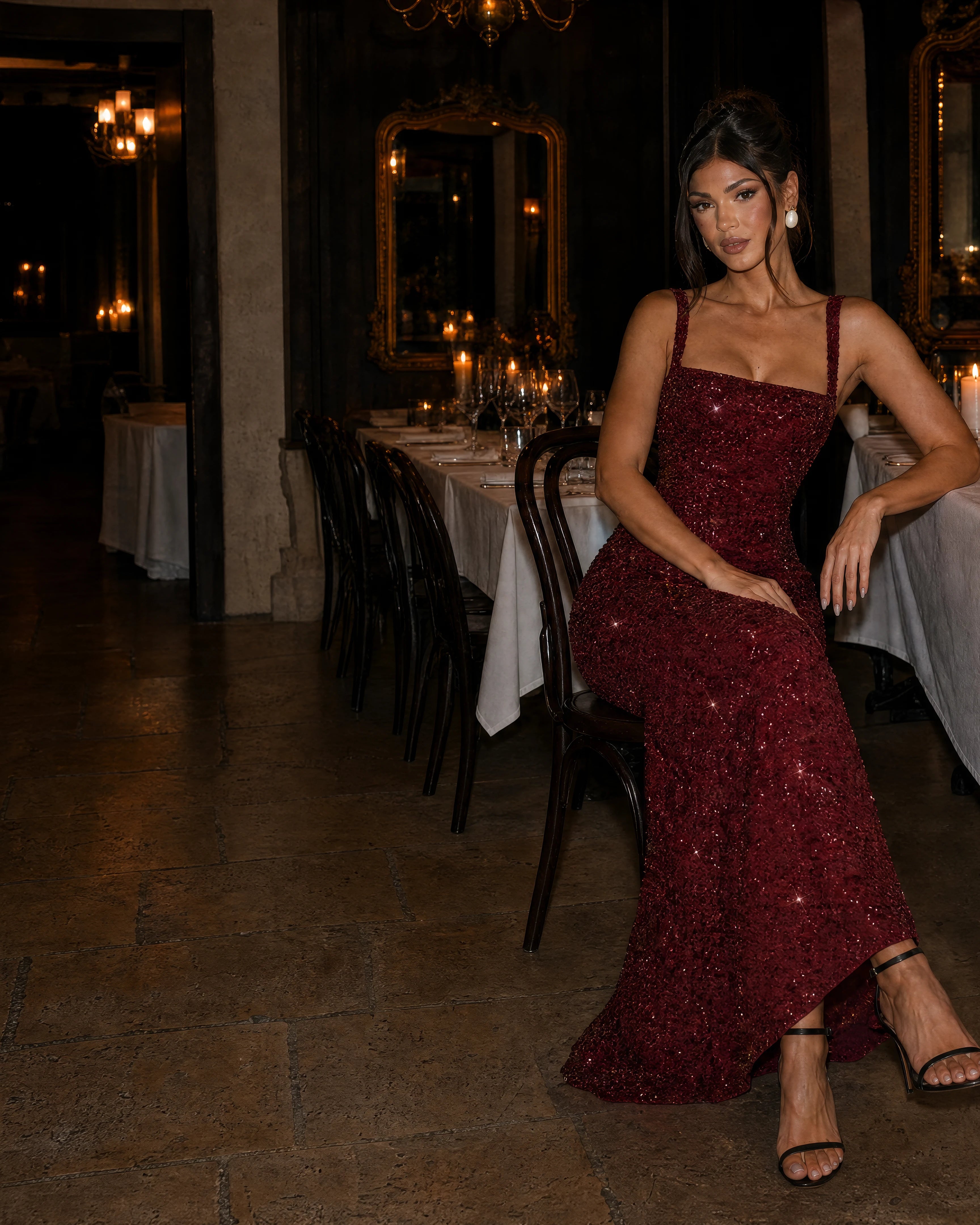 Estelle cherry red sequin corset gown