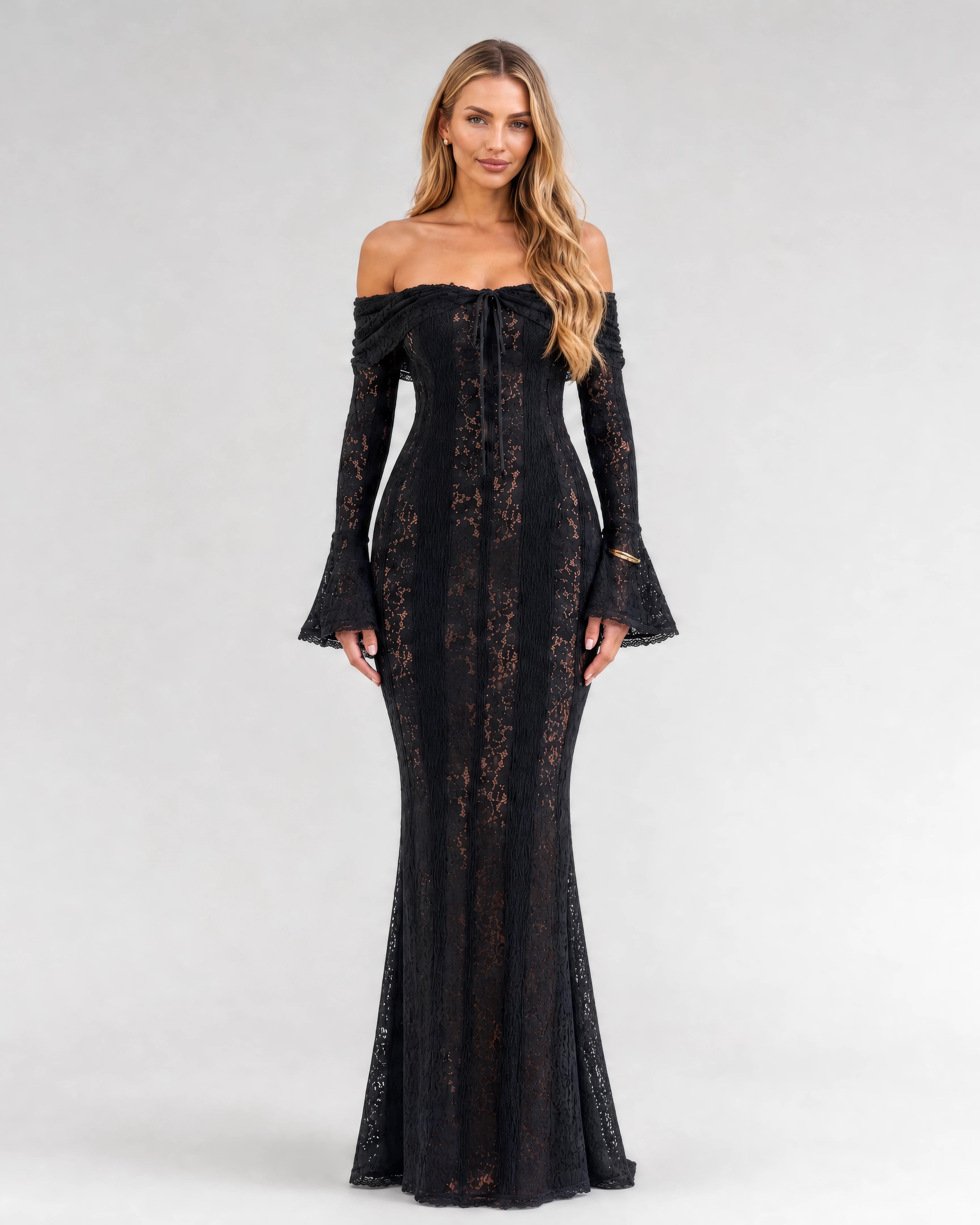 Genevieve off-shoulder lace maxi gown in black, studio front