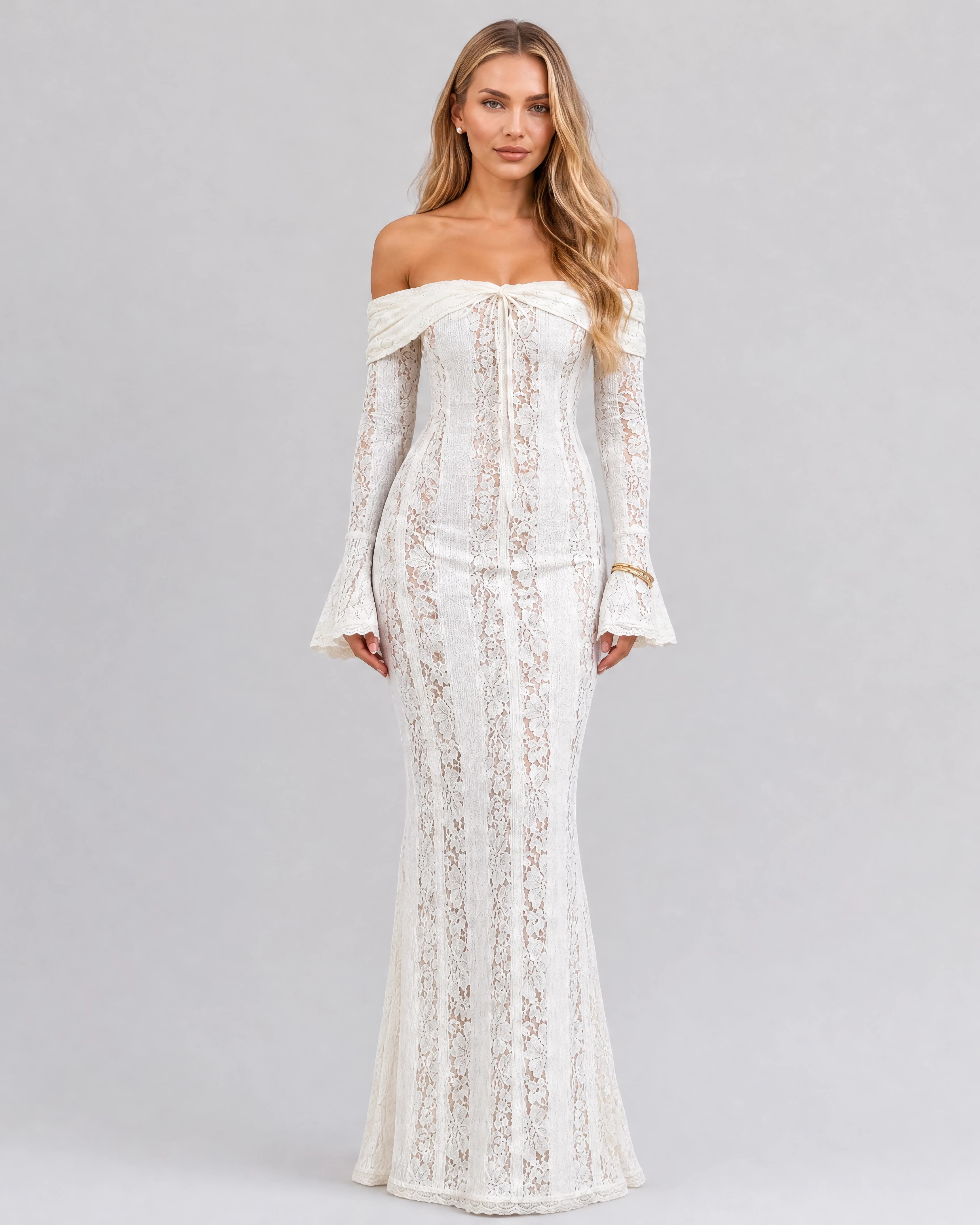Genevieve off-shoulder lace maxi gown in ivory, studio front