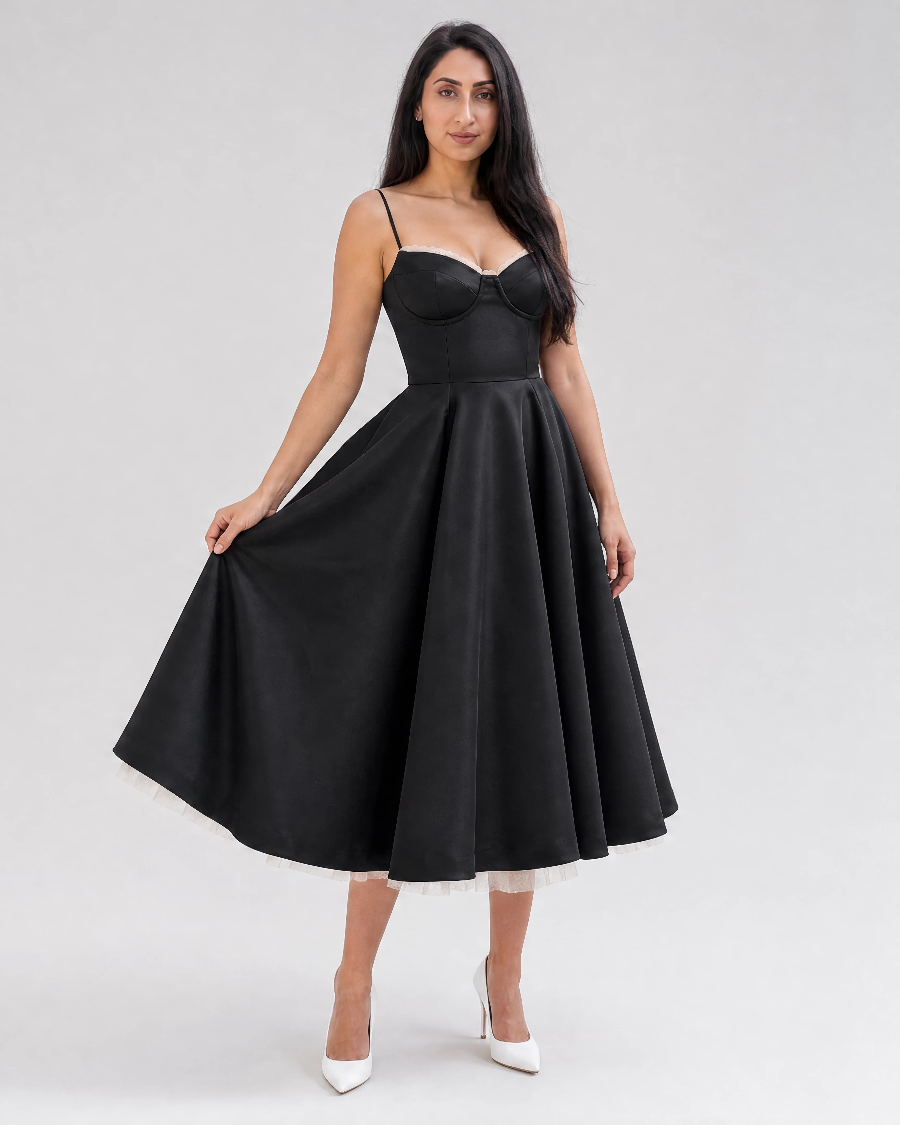 Mirabelle sweetheart tulle midi dress in black, studio