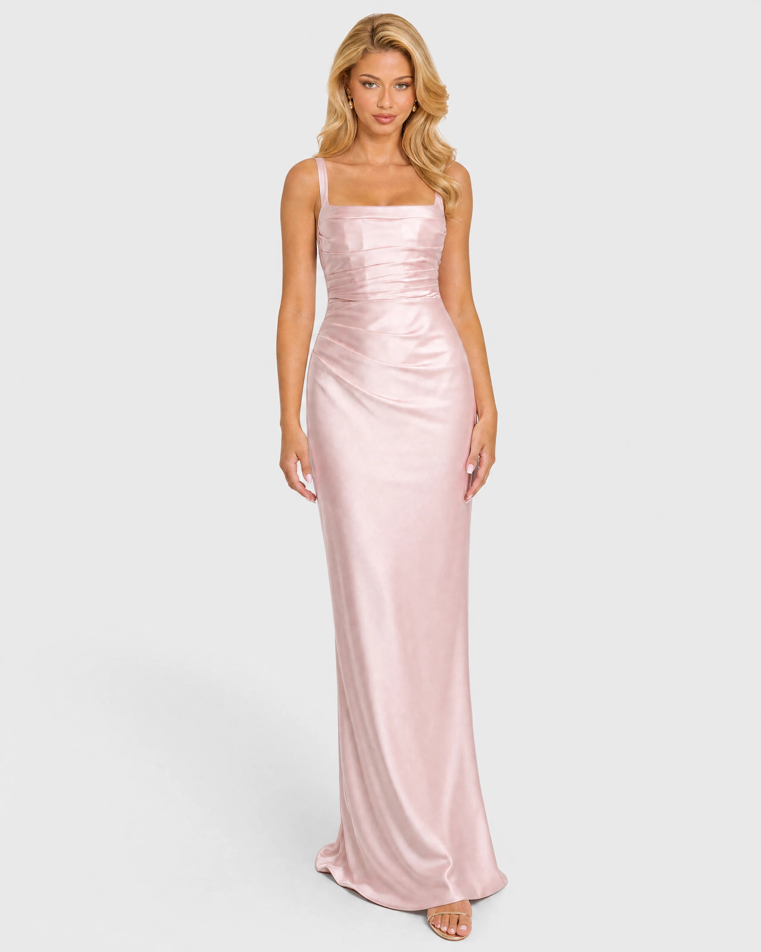Nora soft pink satin column gown - front
