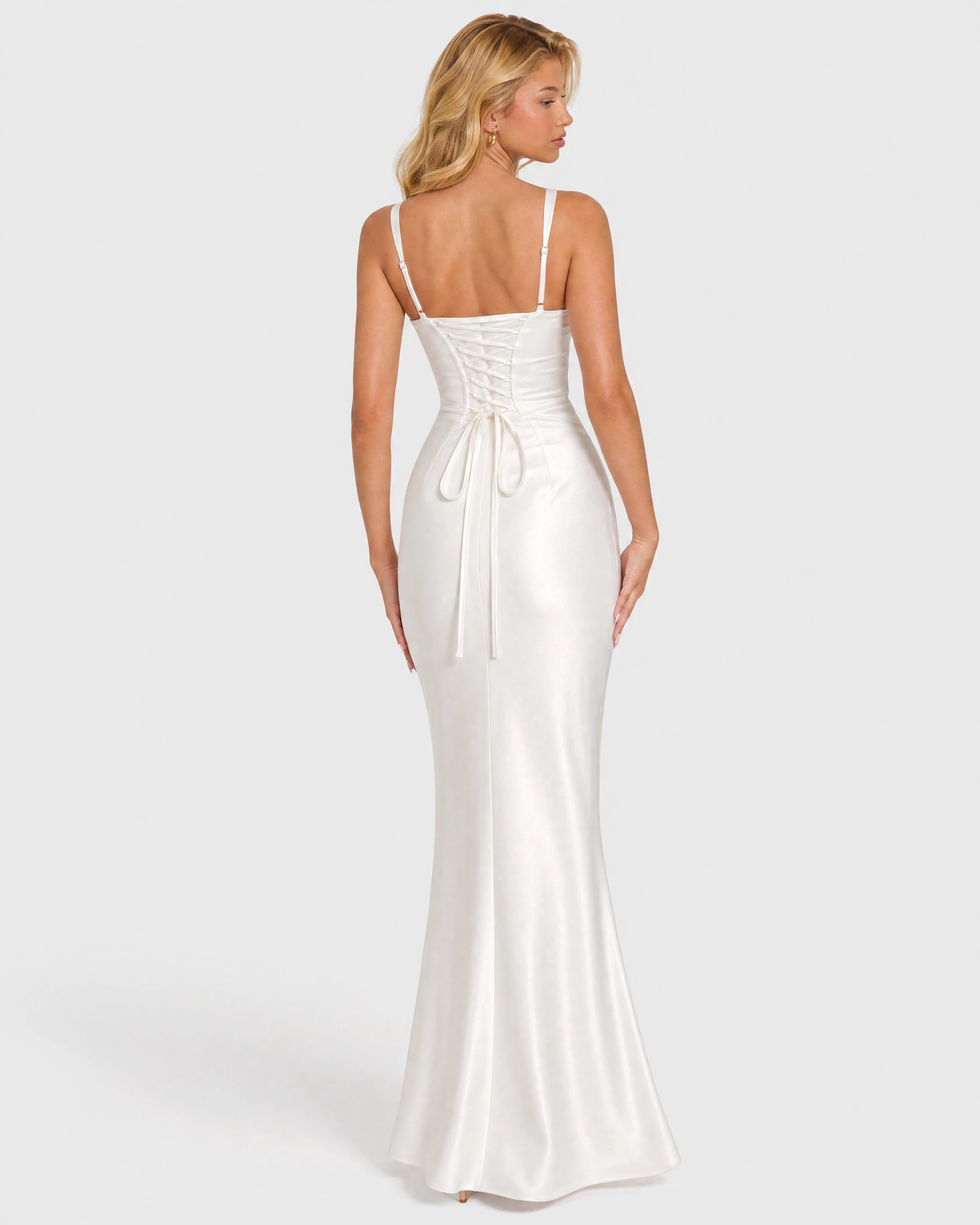 Nora white satin column gown - back with lace-up