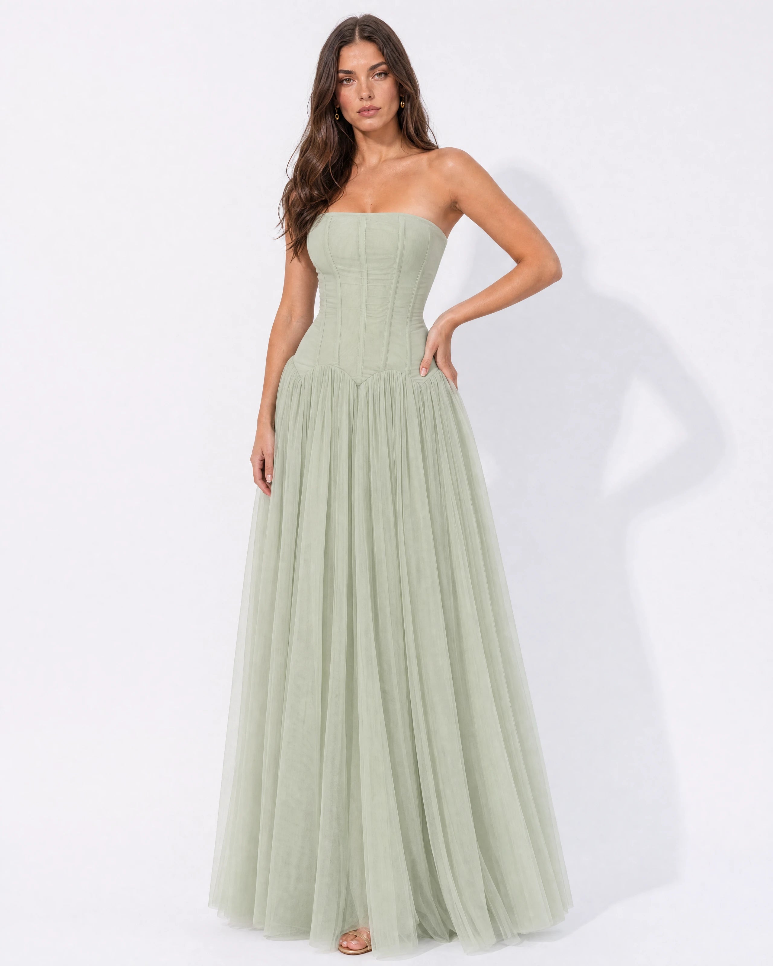Odélie sage green tulle maxi gown with drop-waist corset bodice - front