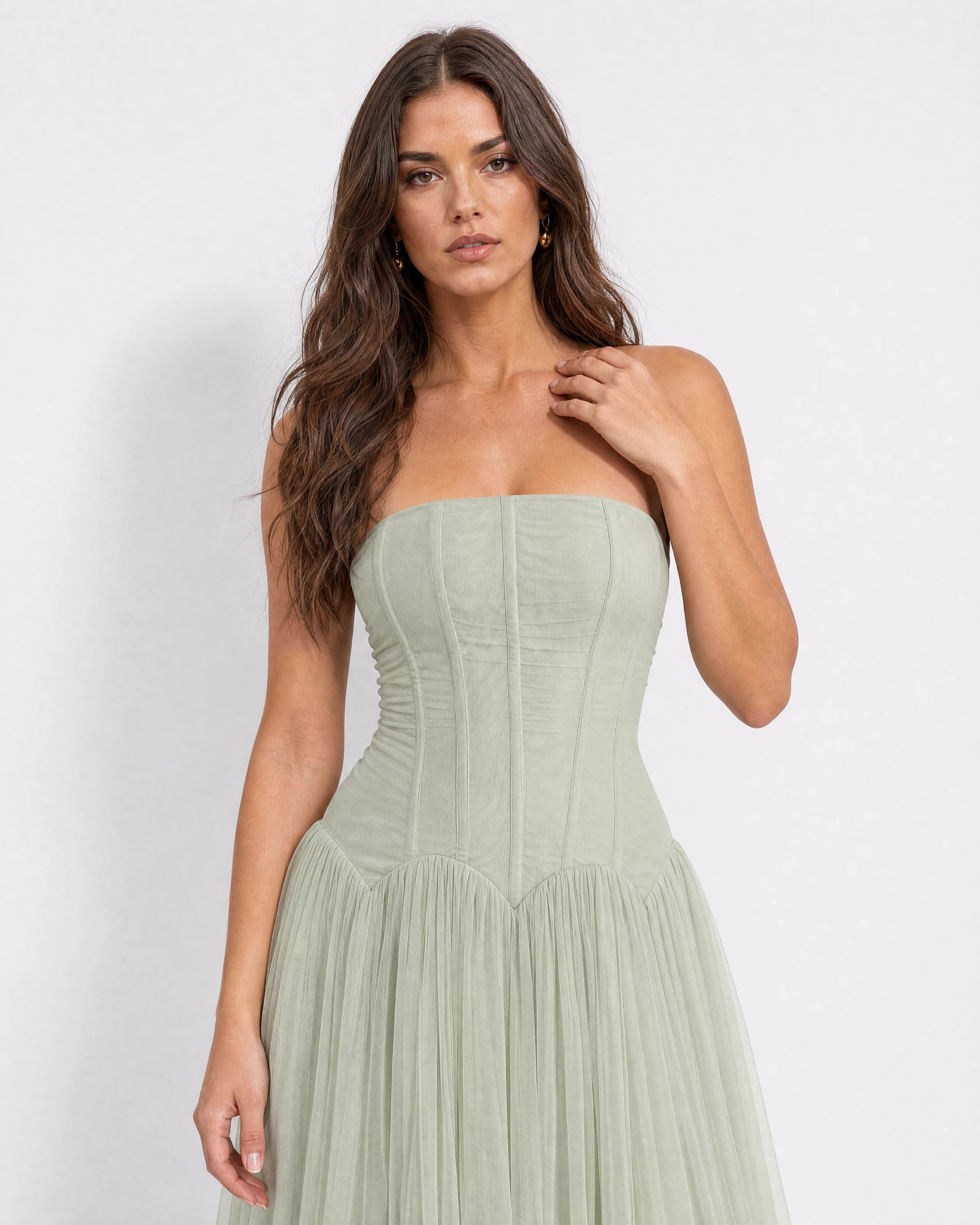 Odélie sage green tulle gown - corset bodice close-up