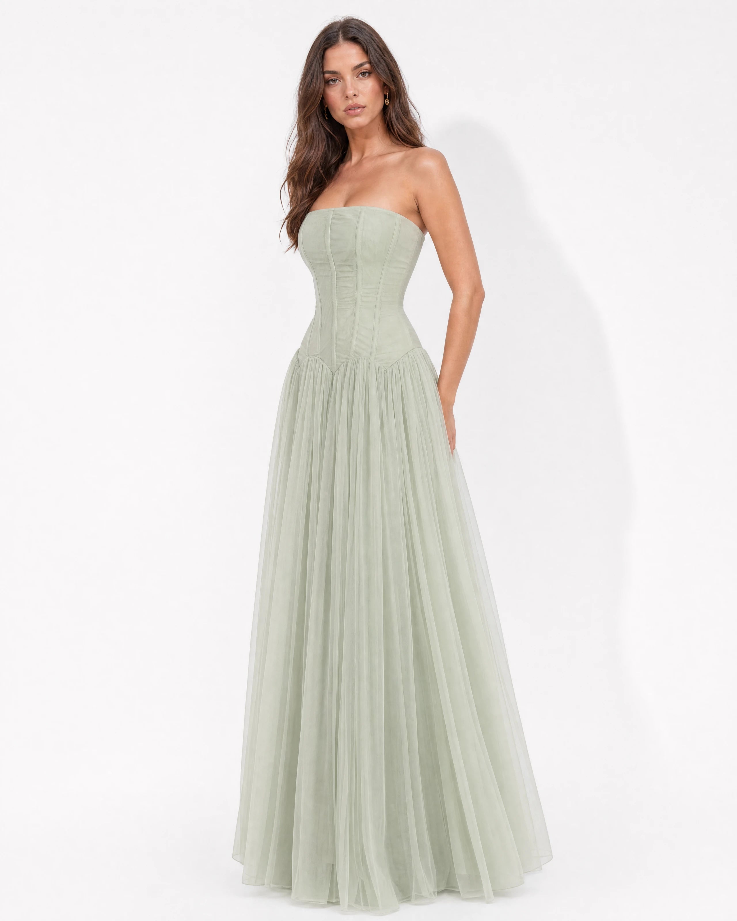 Odélie sage green tulle gown - side view