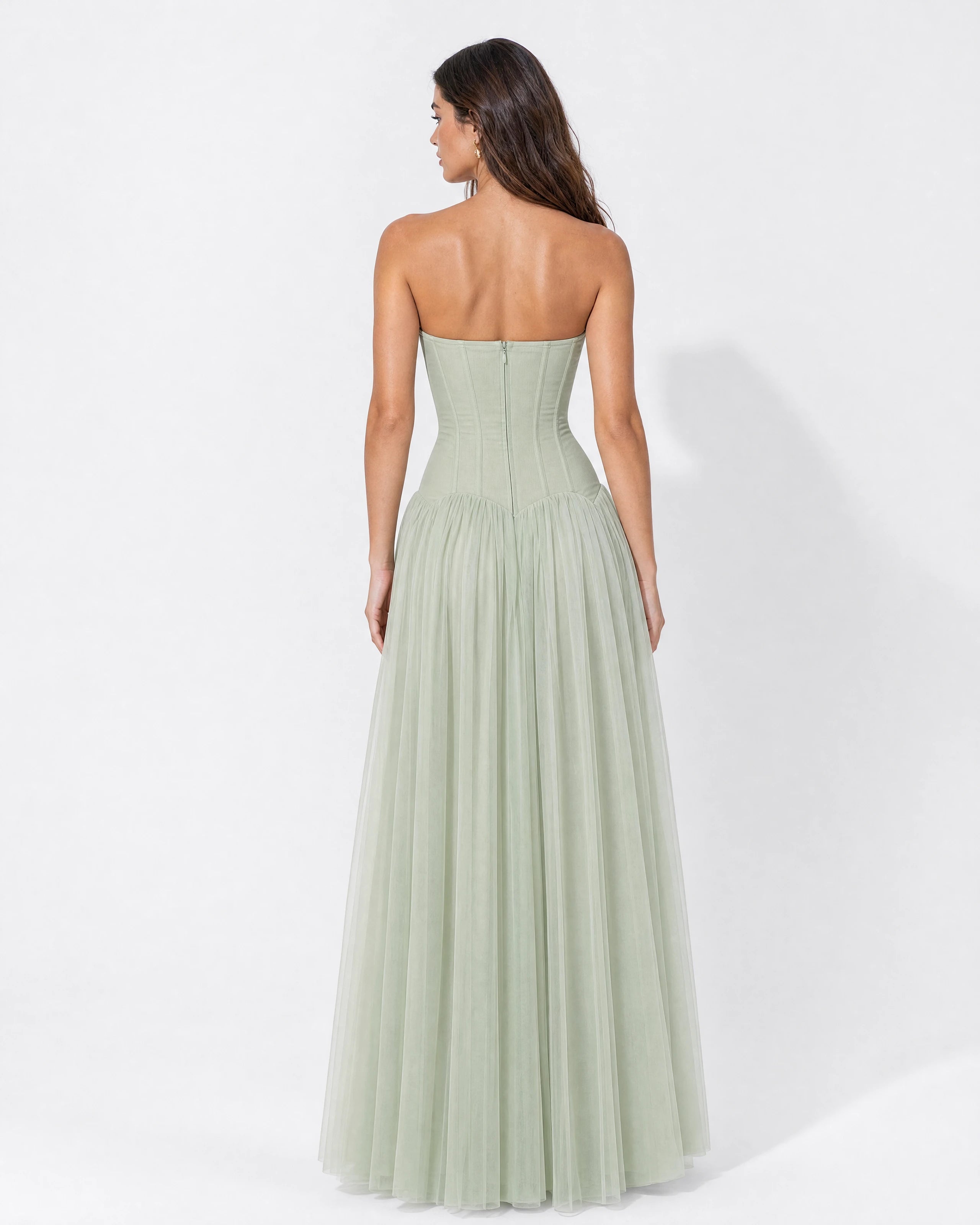 Odélie sage green tulle gown - back view