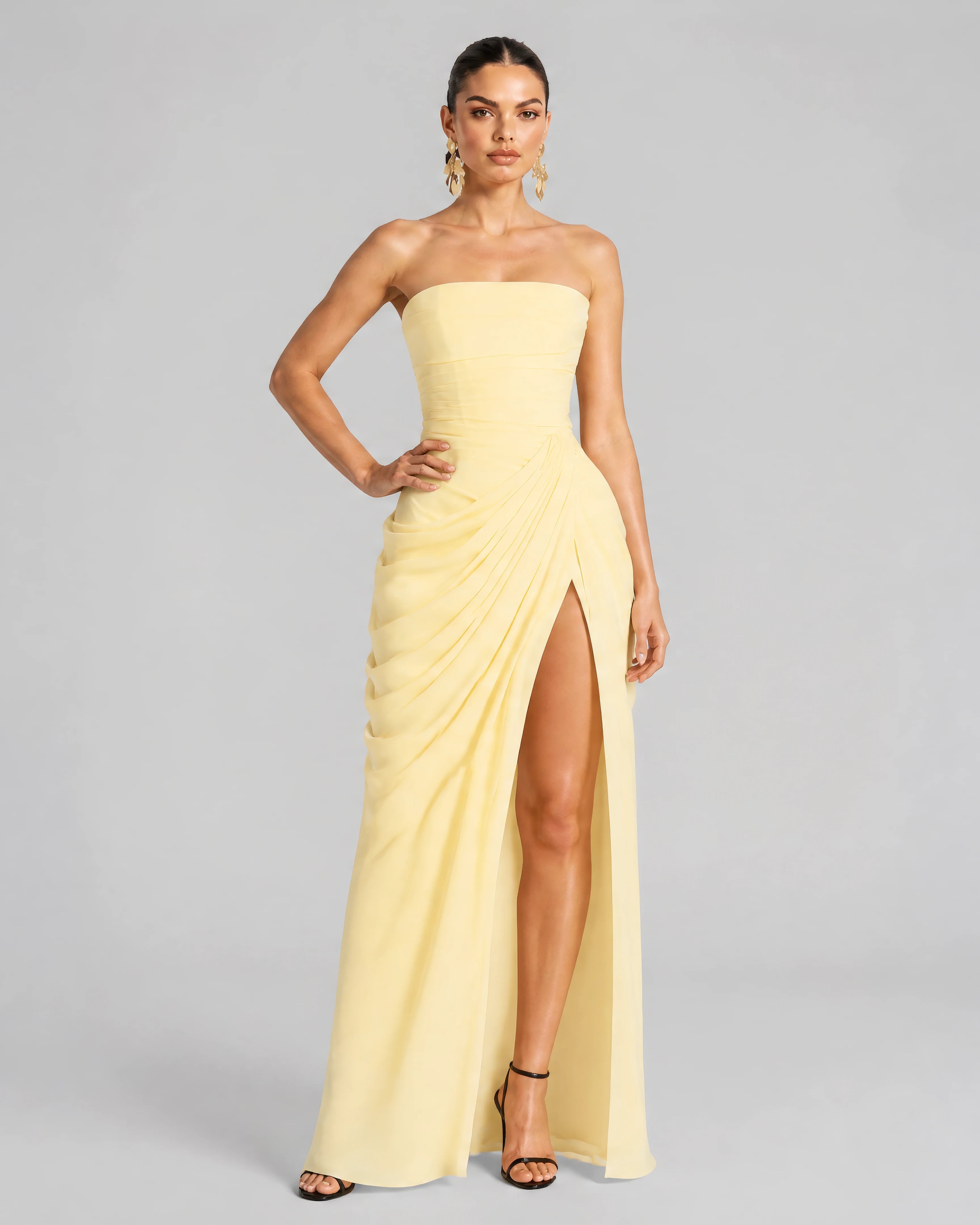 Seraphine butter yellow pleated corset maxi dress