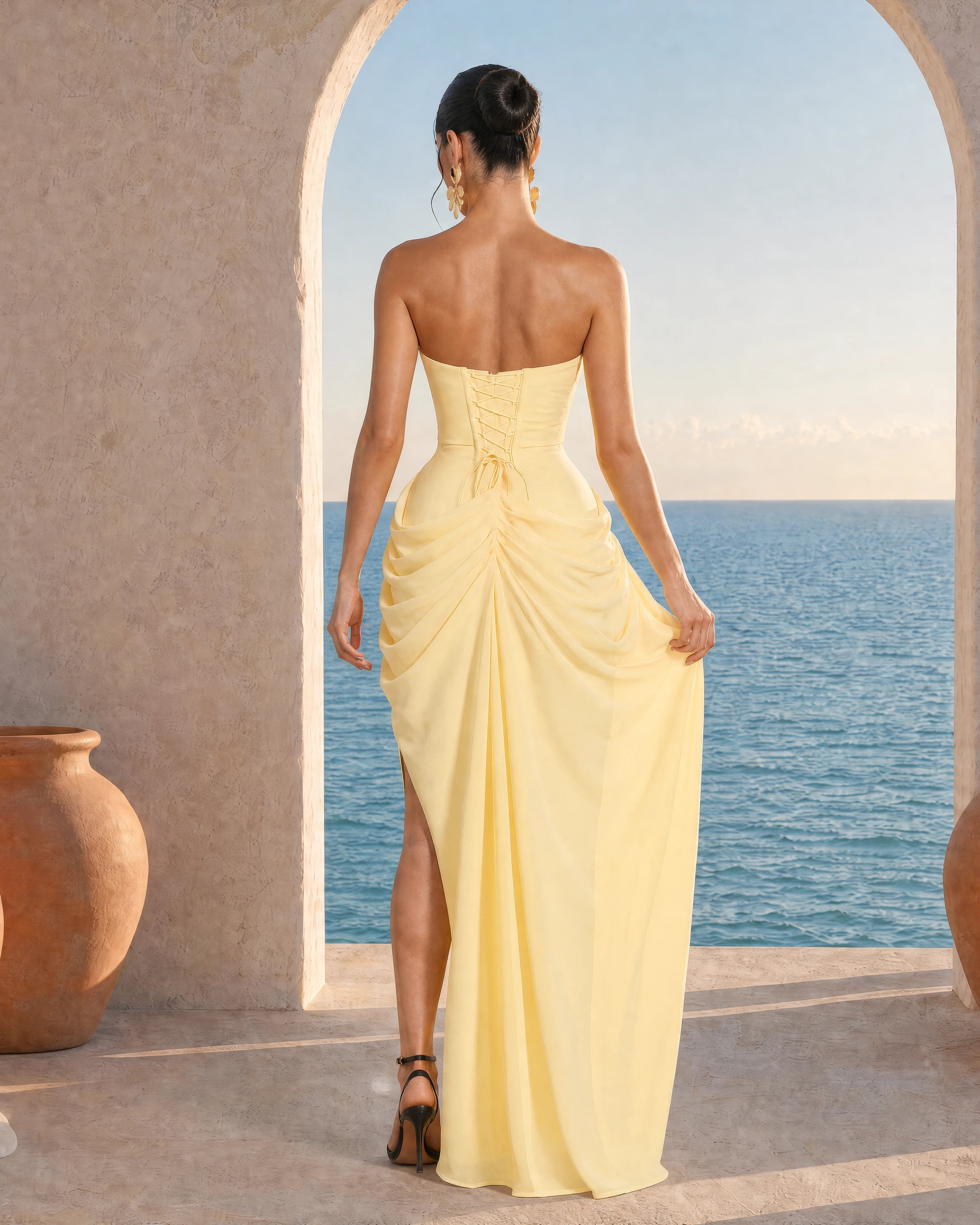 Seraphine butter yellow pleated corset maxi dress