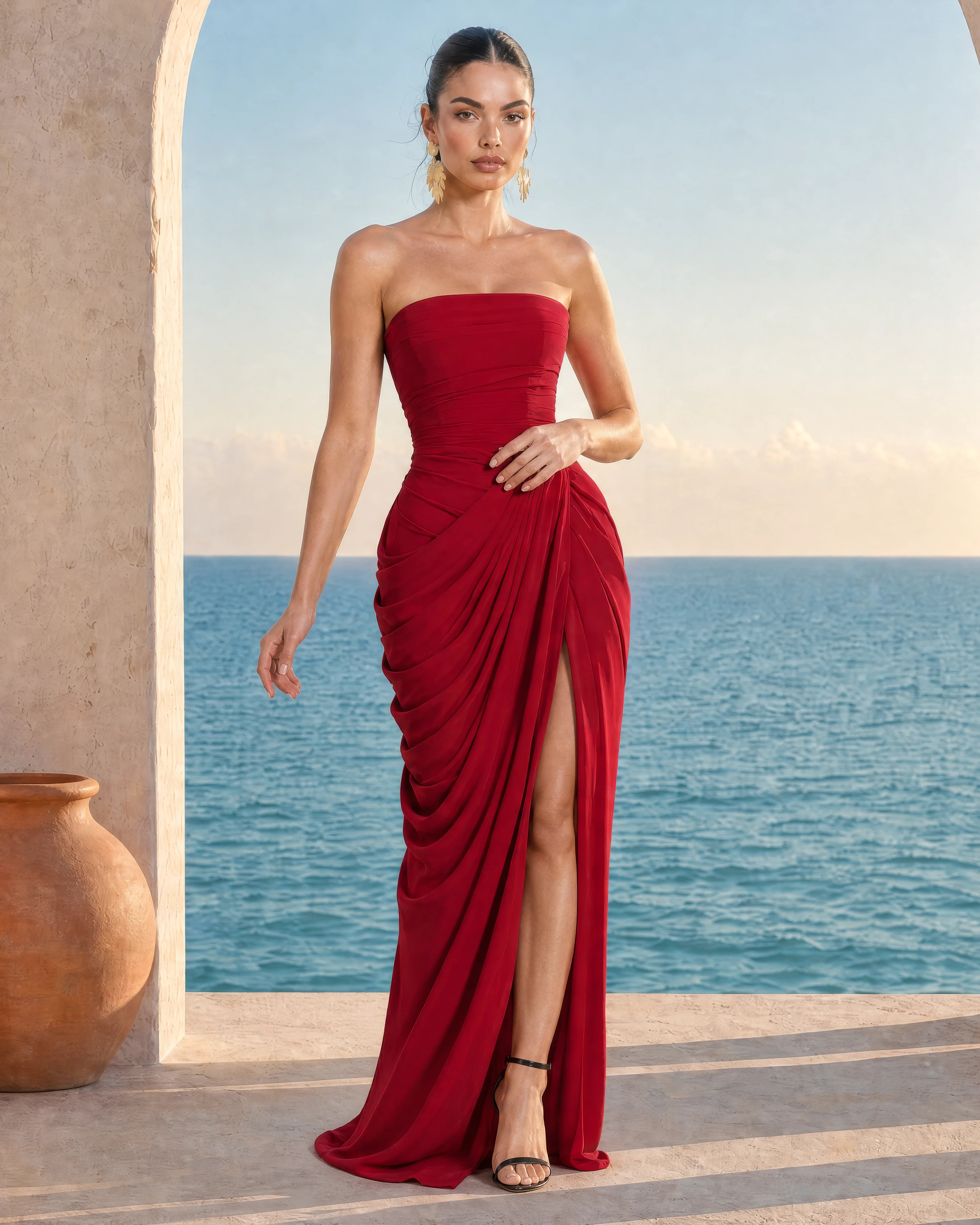 Seraphine wine red pleated corset maxi dress