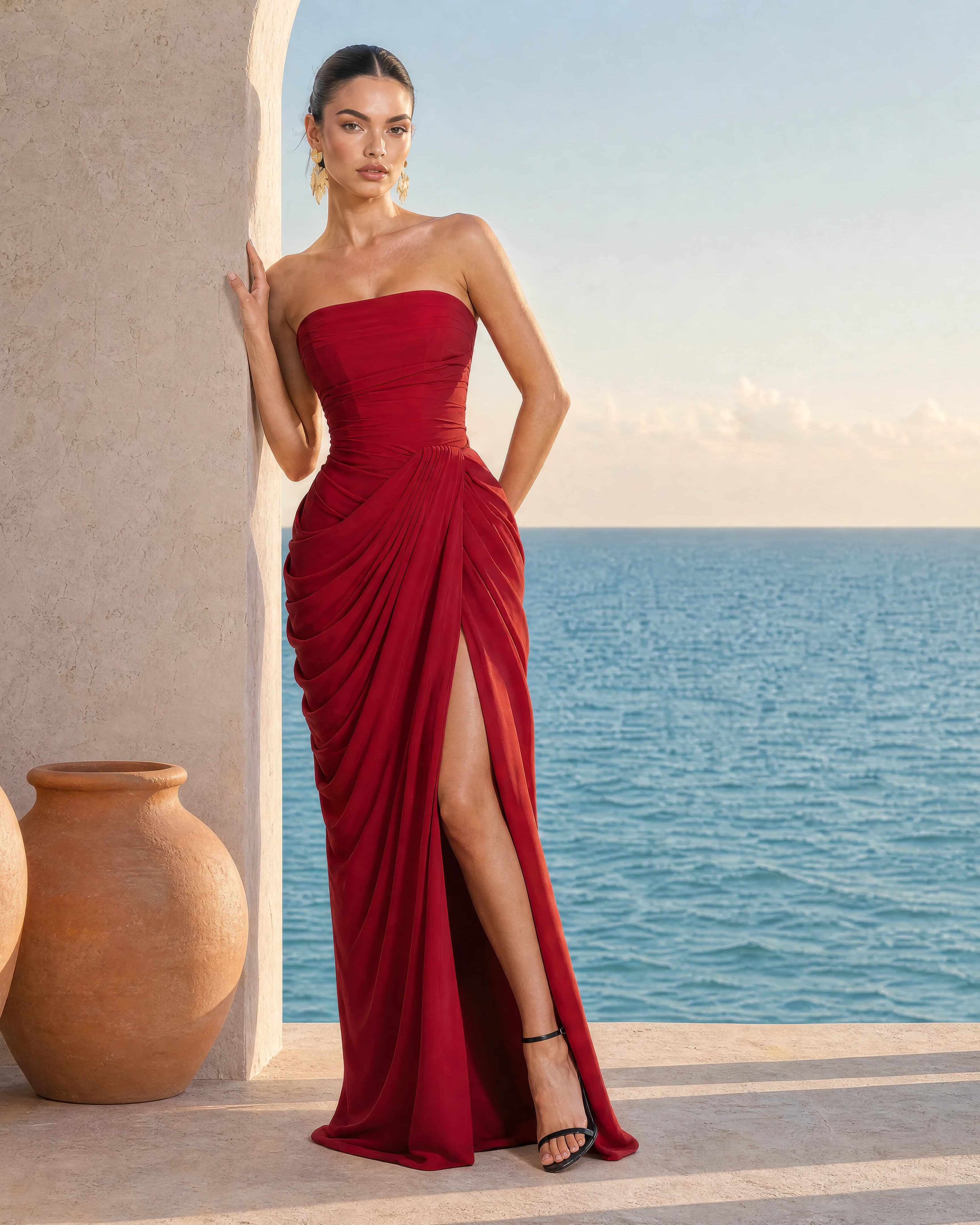 Seraphine wine red pleated corset maxi dress