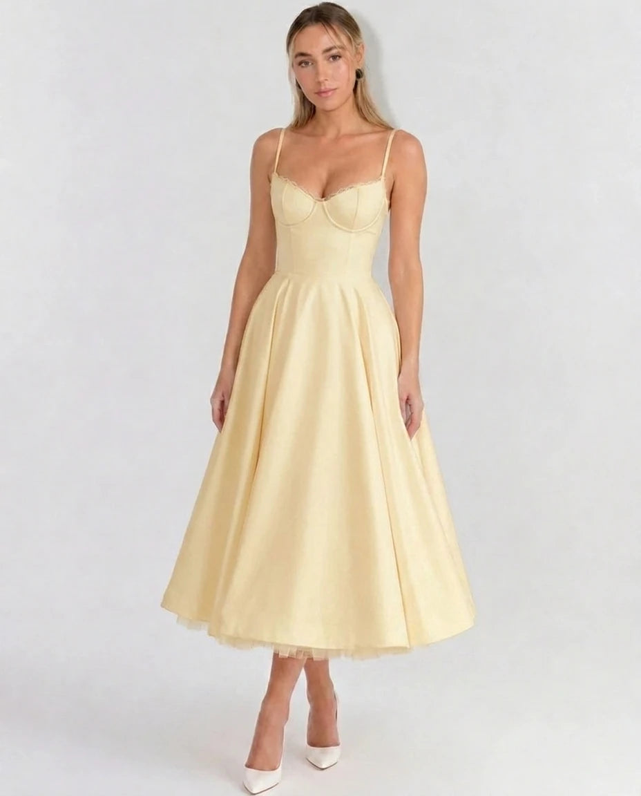 Selene Sweetheart Tulle Midi Dress - Butter Yellow - Tillybelle