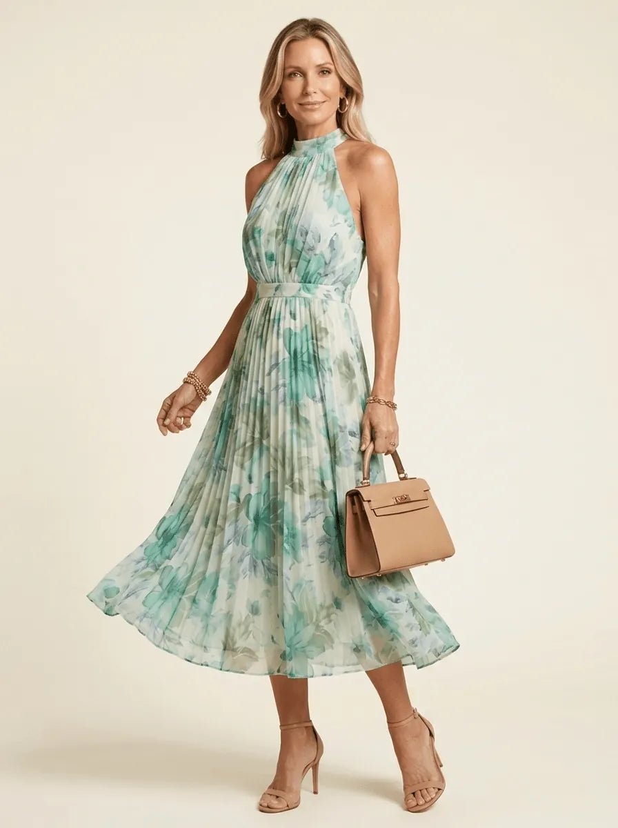 Alma | Pleated Halter Floral Midi Dress - Tillybelle