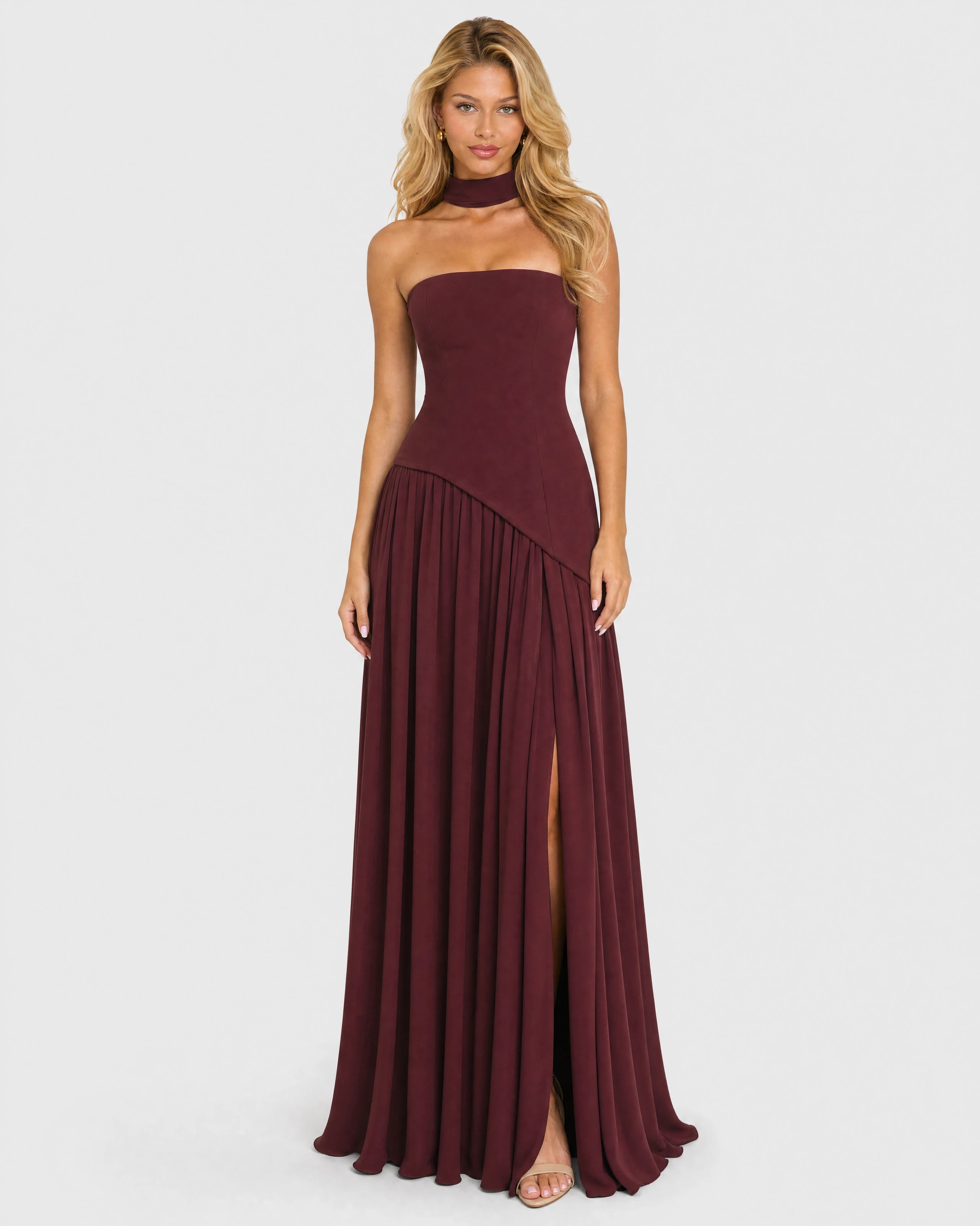 Bianca burgundy choker-neck maxi dress - front