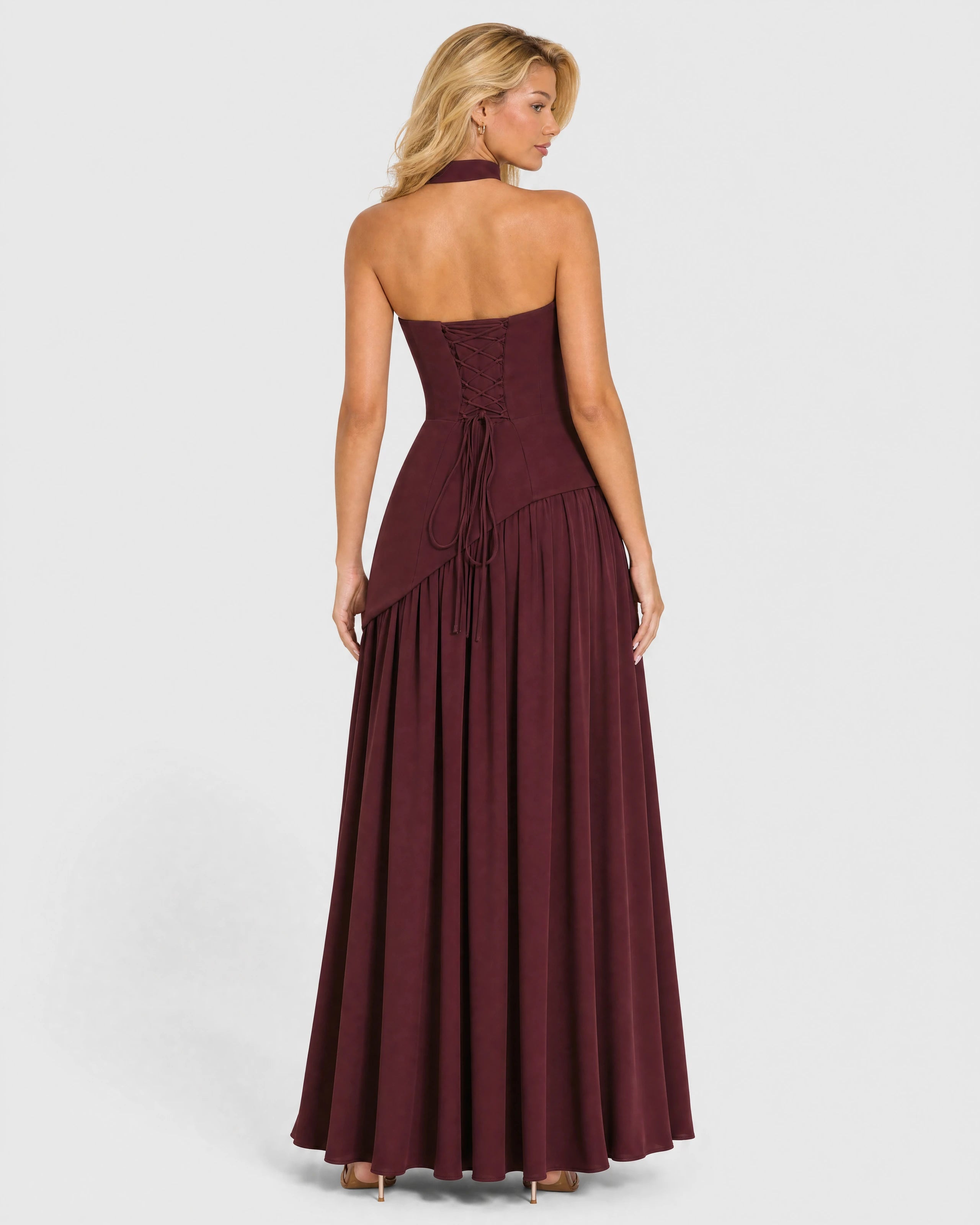 Bianca burgundy choker-neck maxi dress - back with lace-up