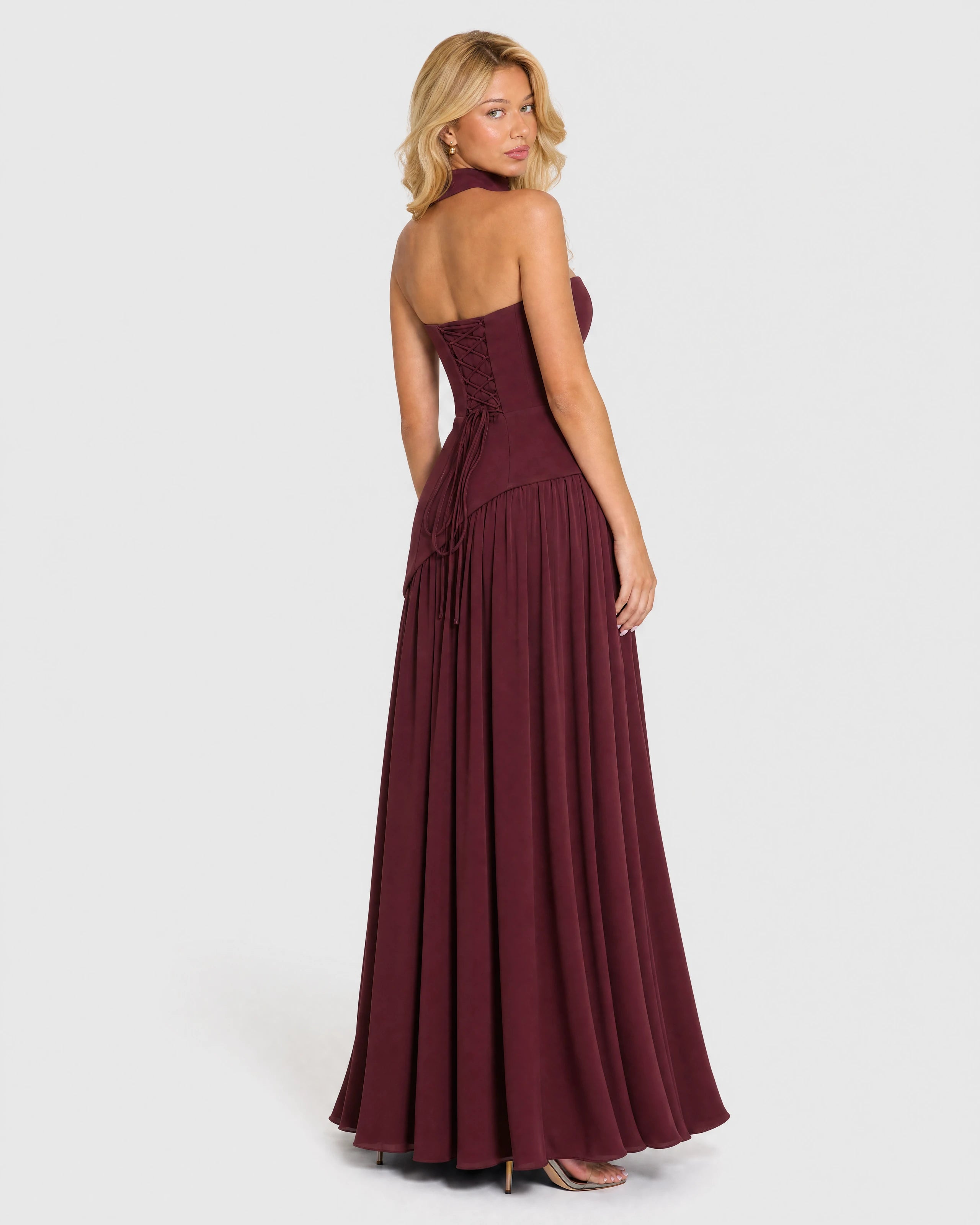 Bianca burgundy choker-neck maxi dress - back three-quarter