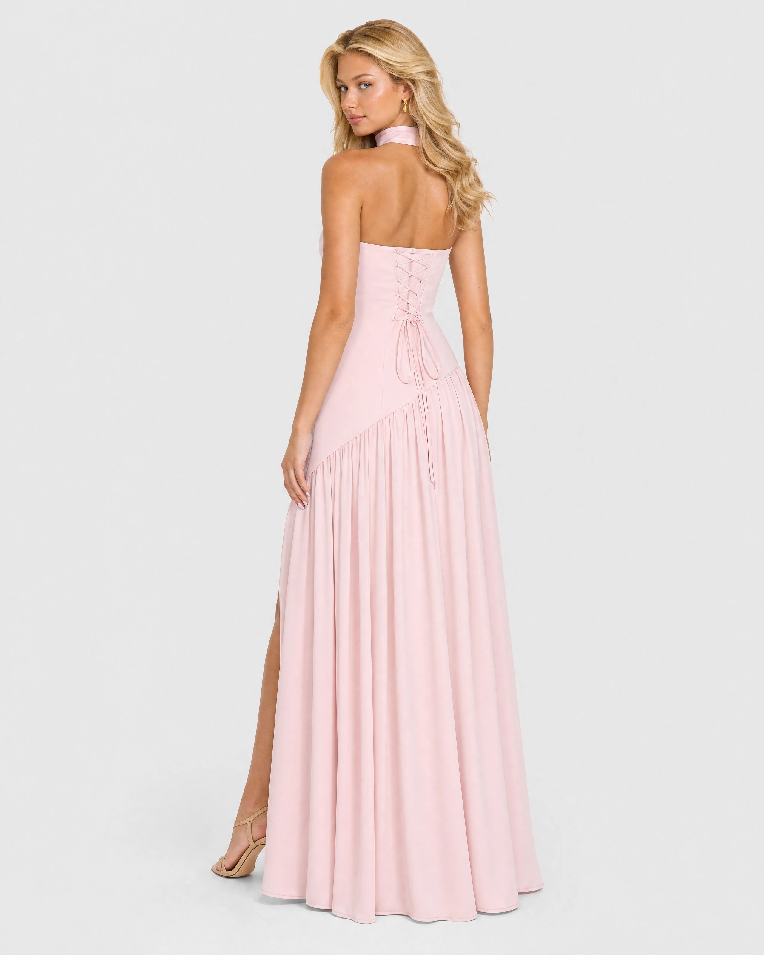 Bianca soft pink choker-neck maxi dress - back with lace-up