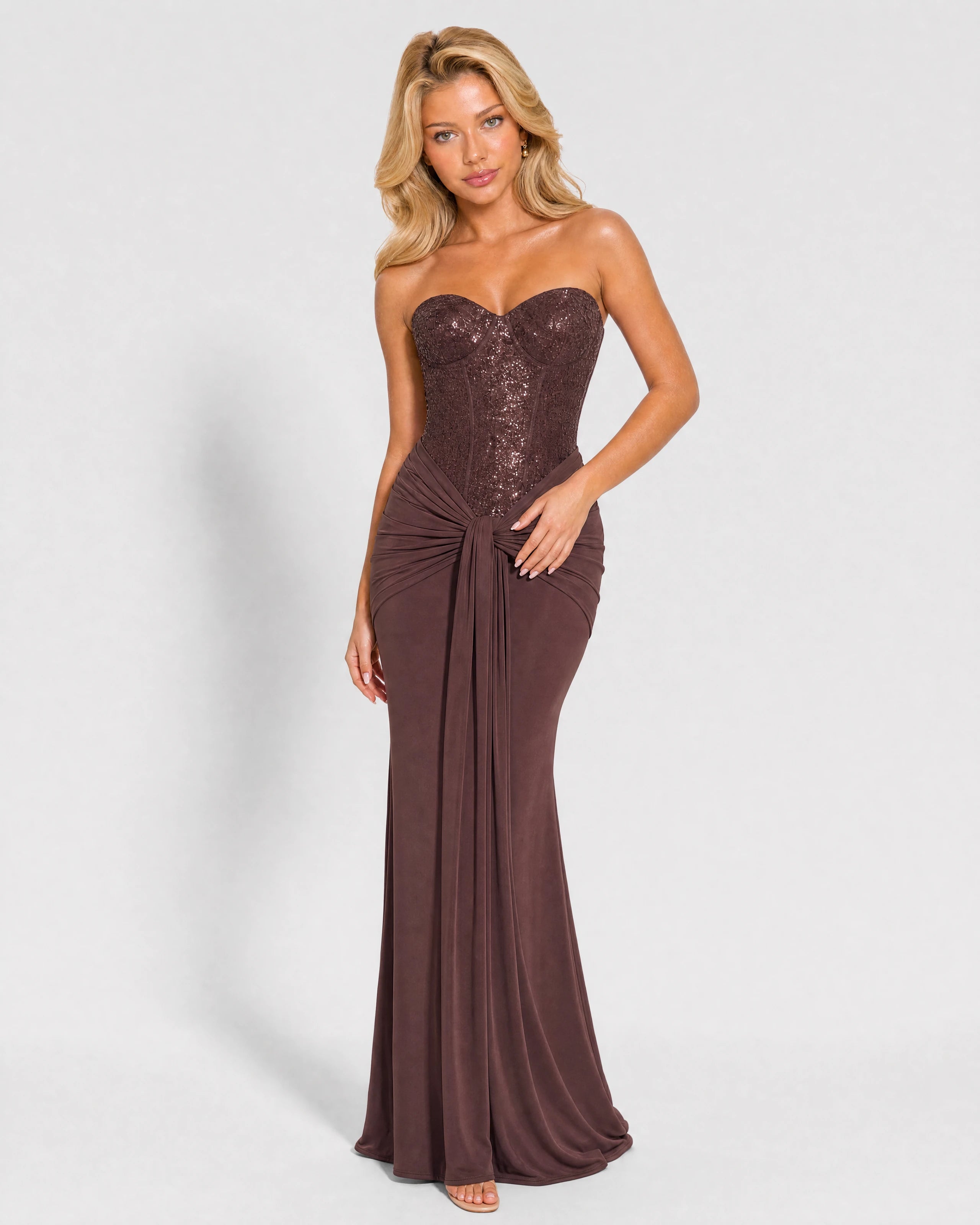 Camille plum brown maxi dress - front three-quarter