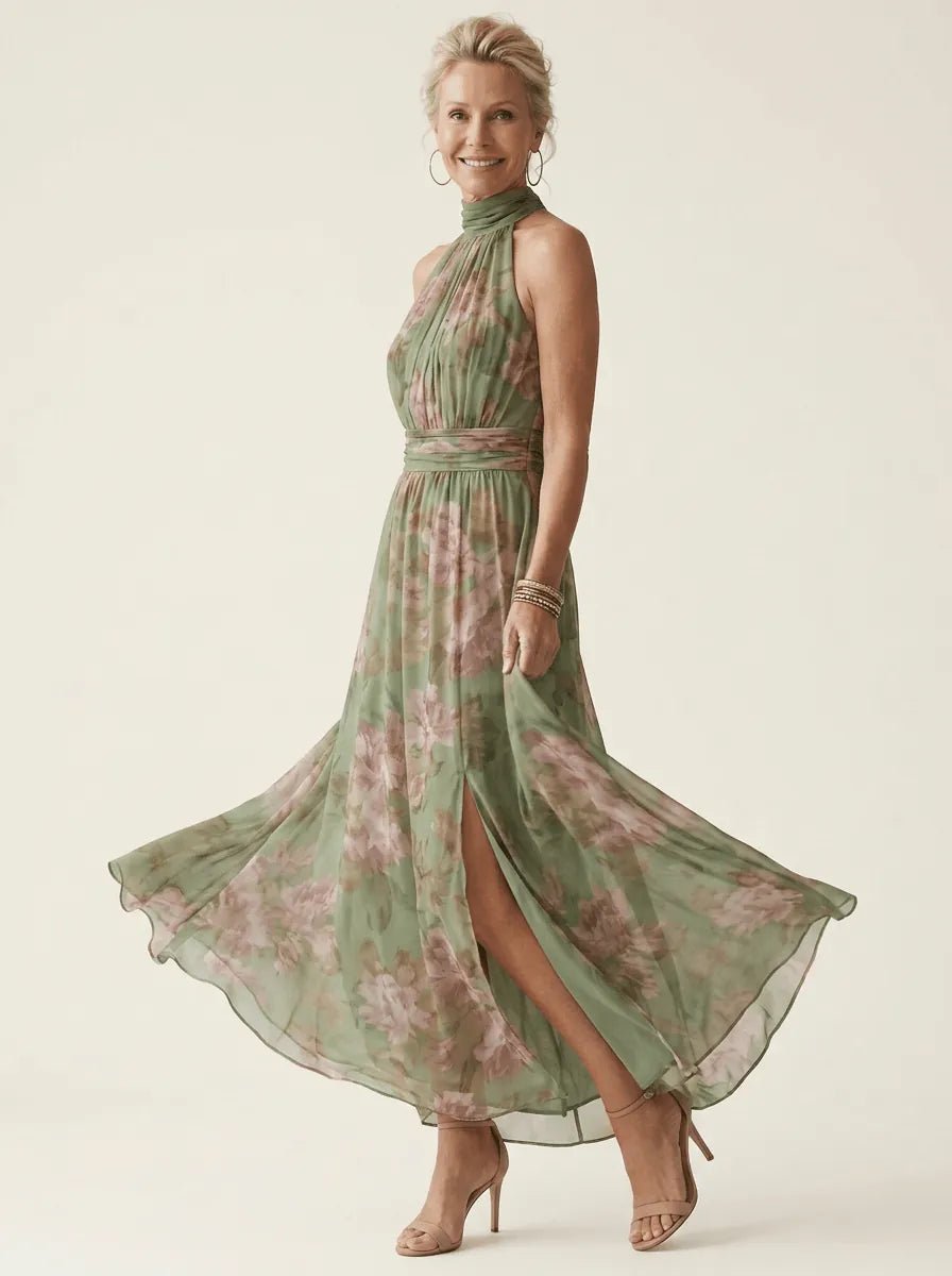 Elise | Floral Gathered Halter Dress - Tillybelle