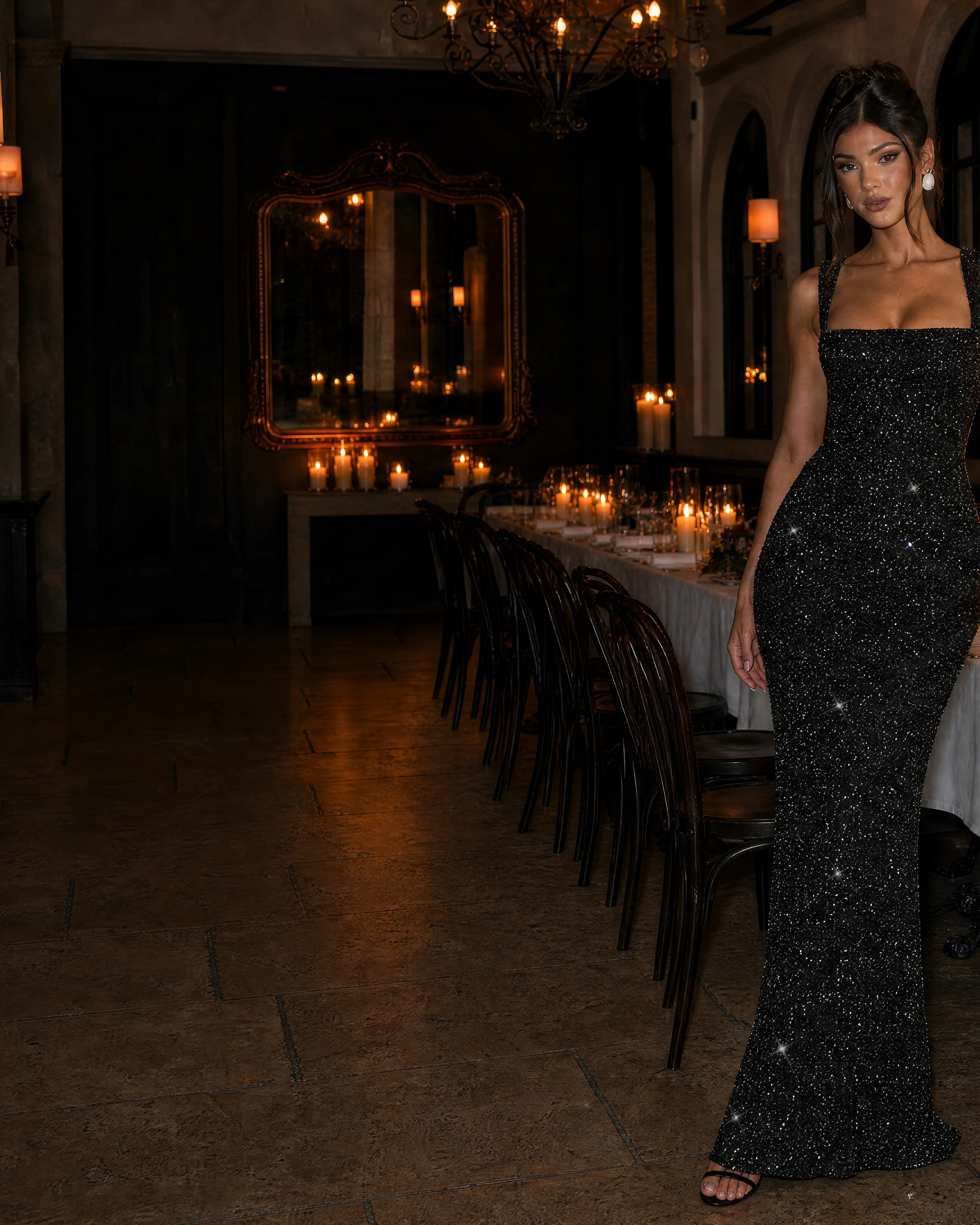 Estelle black sequin corset gown