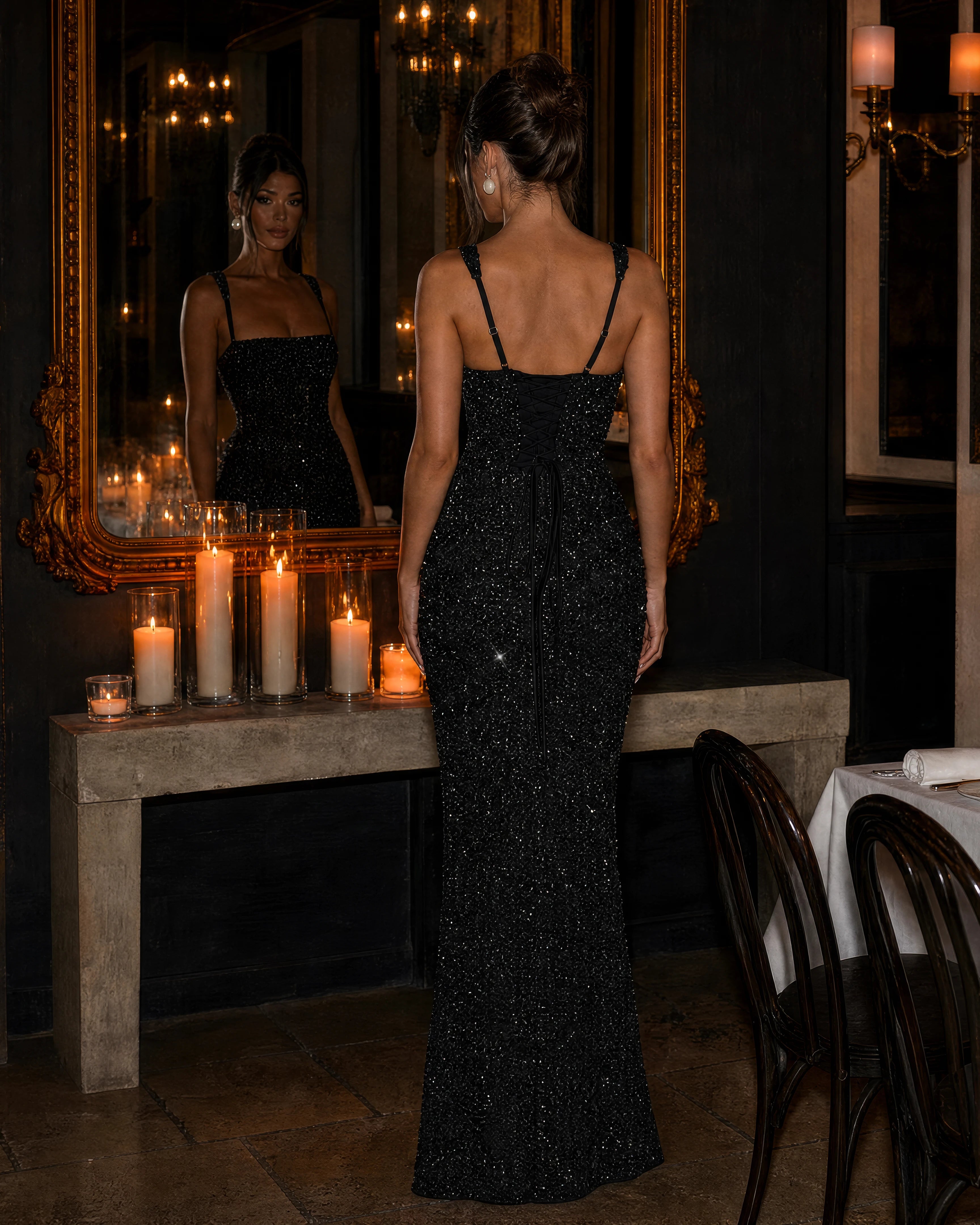 Estelle black sequin corset gown