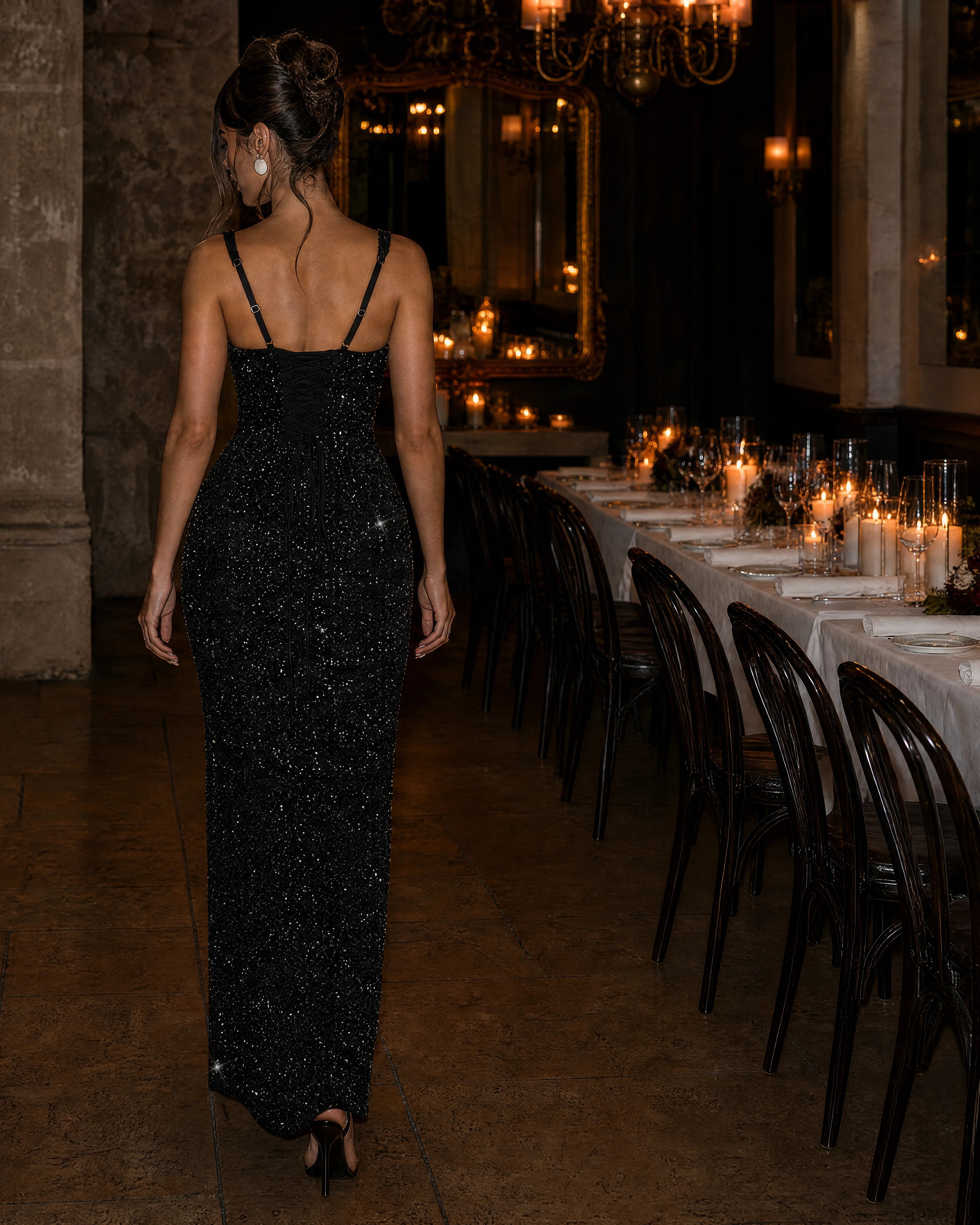 Estelle black sequin corset gown