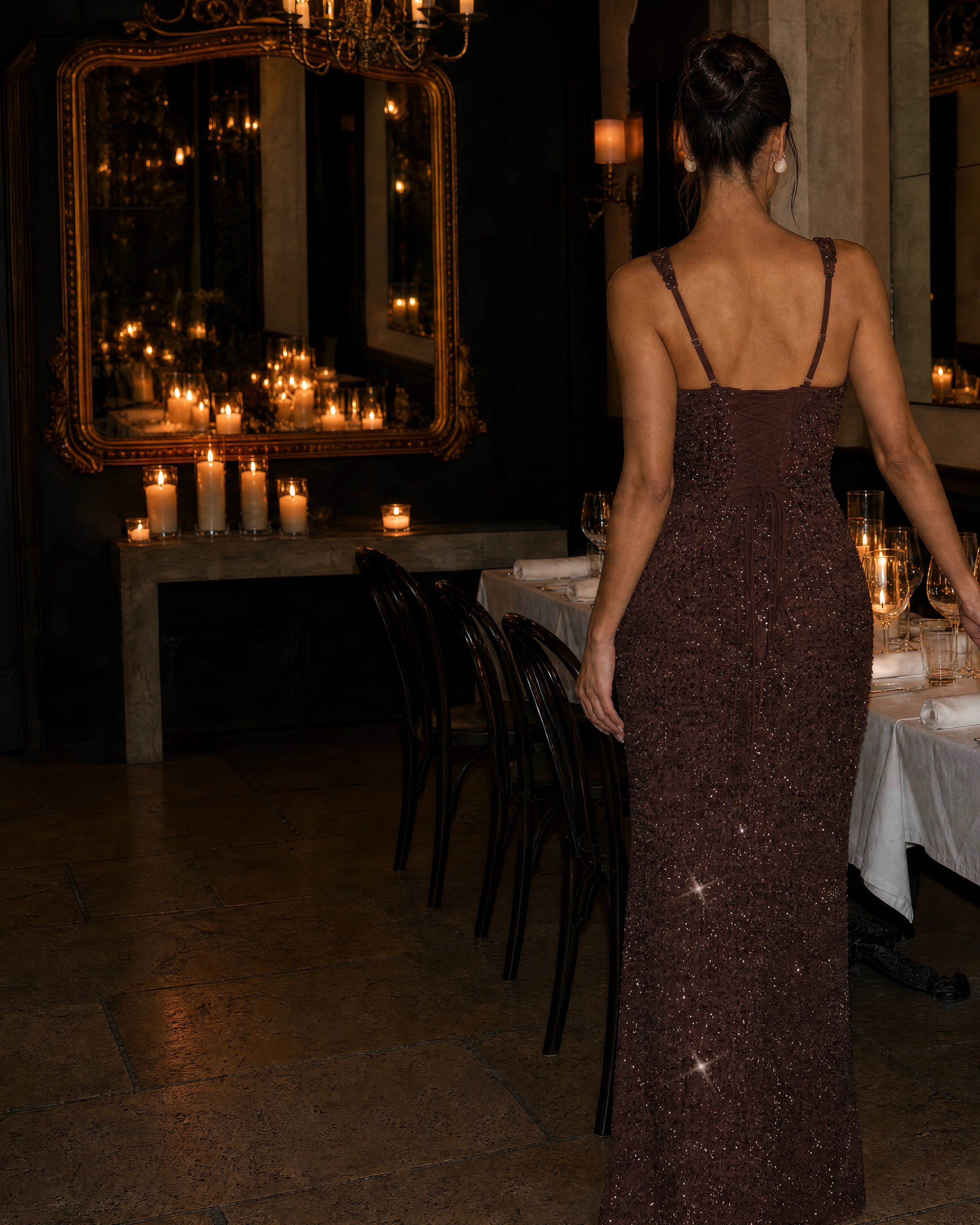 Estelle plum brown sequin corset gown