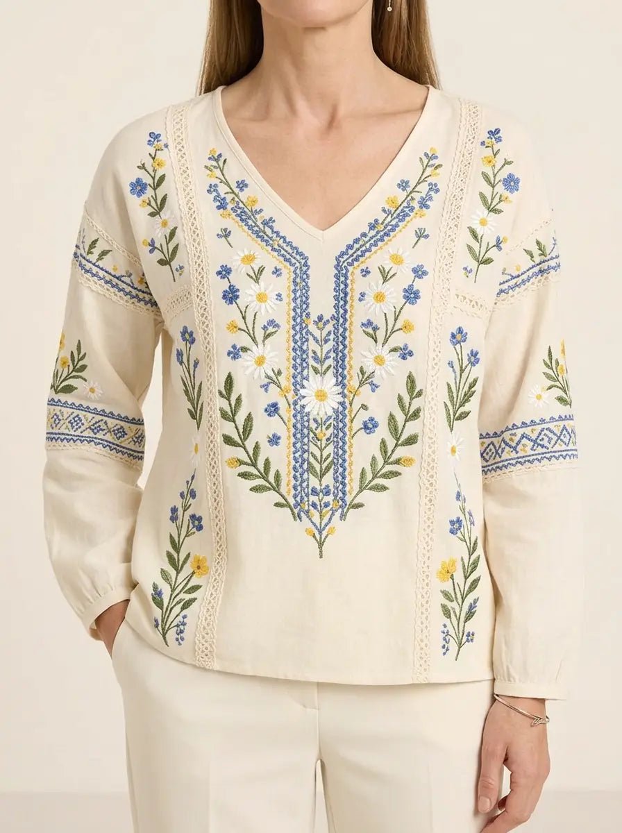 Florence | Embroidered Floral Cotton-Linen Top - Tillybelle