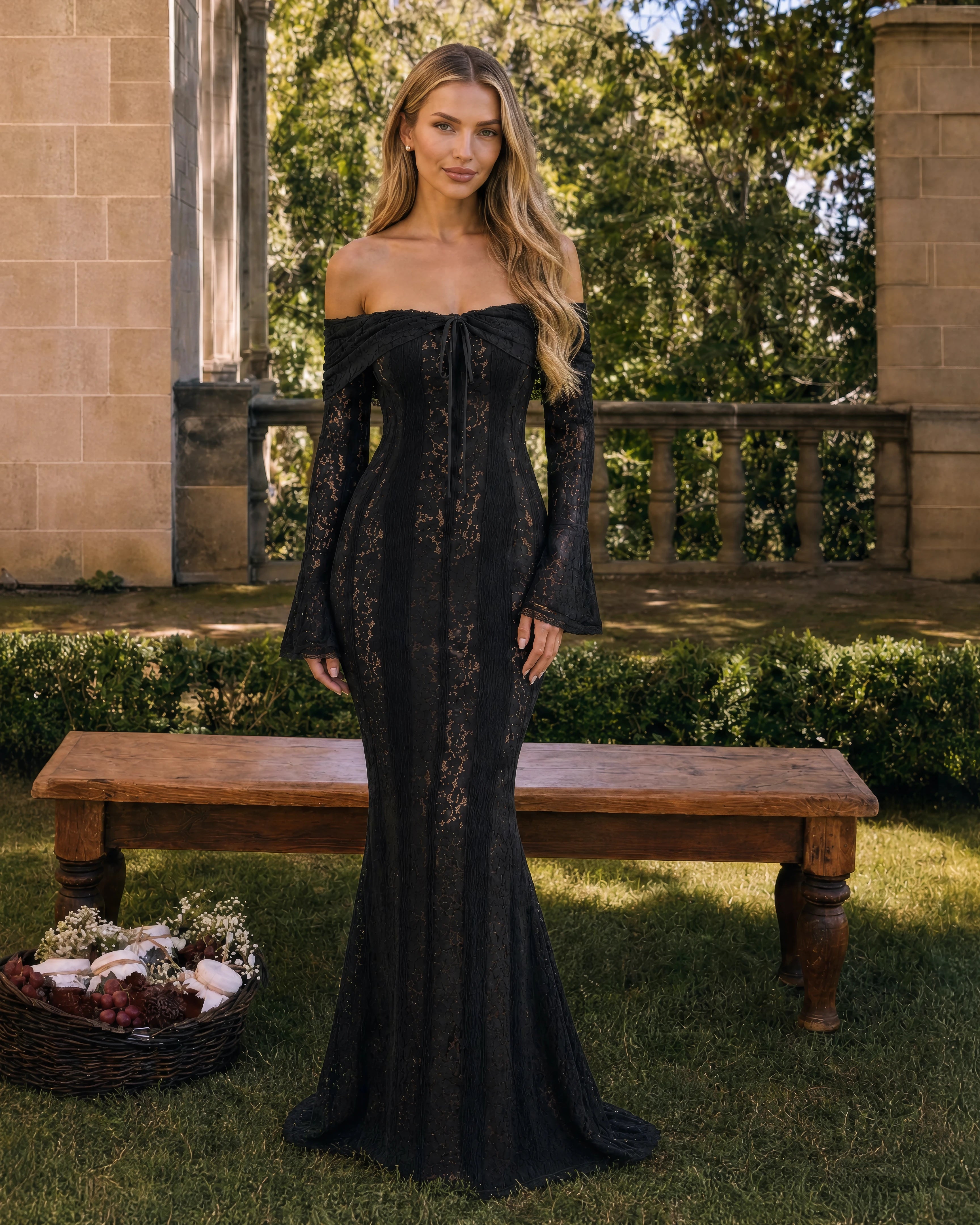 Genevieve off-shoulder lace maxi gown in black, front