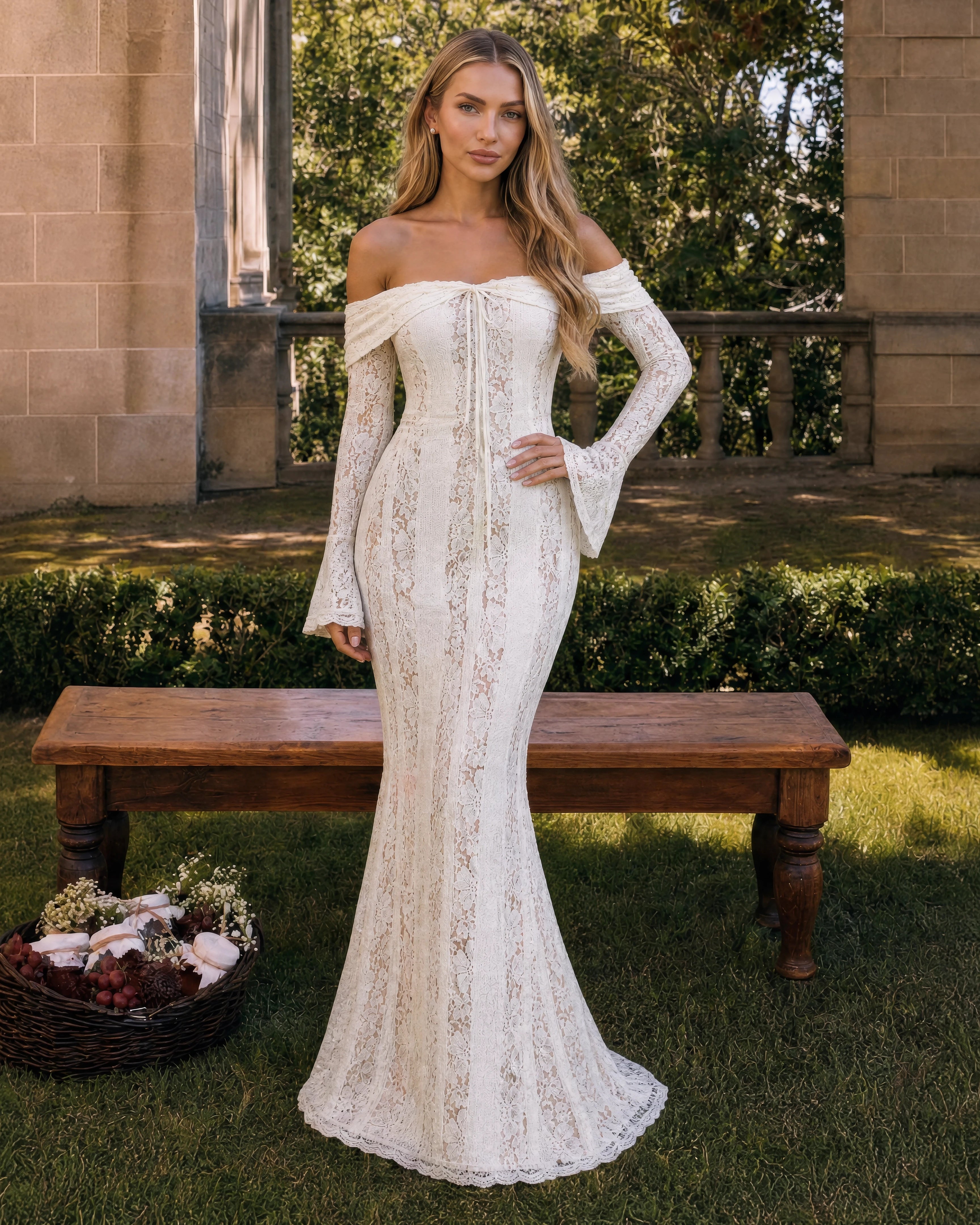 Genevieve off-shoulder lace maxi gown in ivory, front