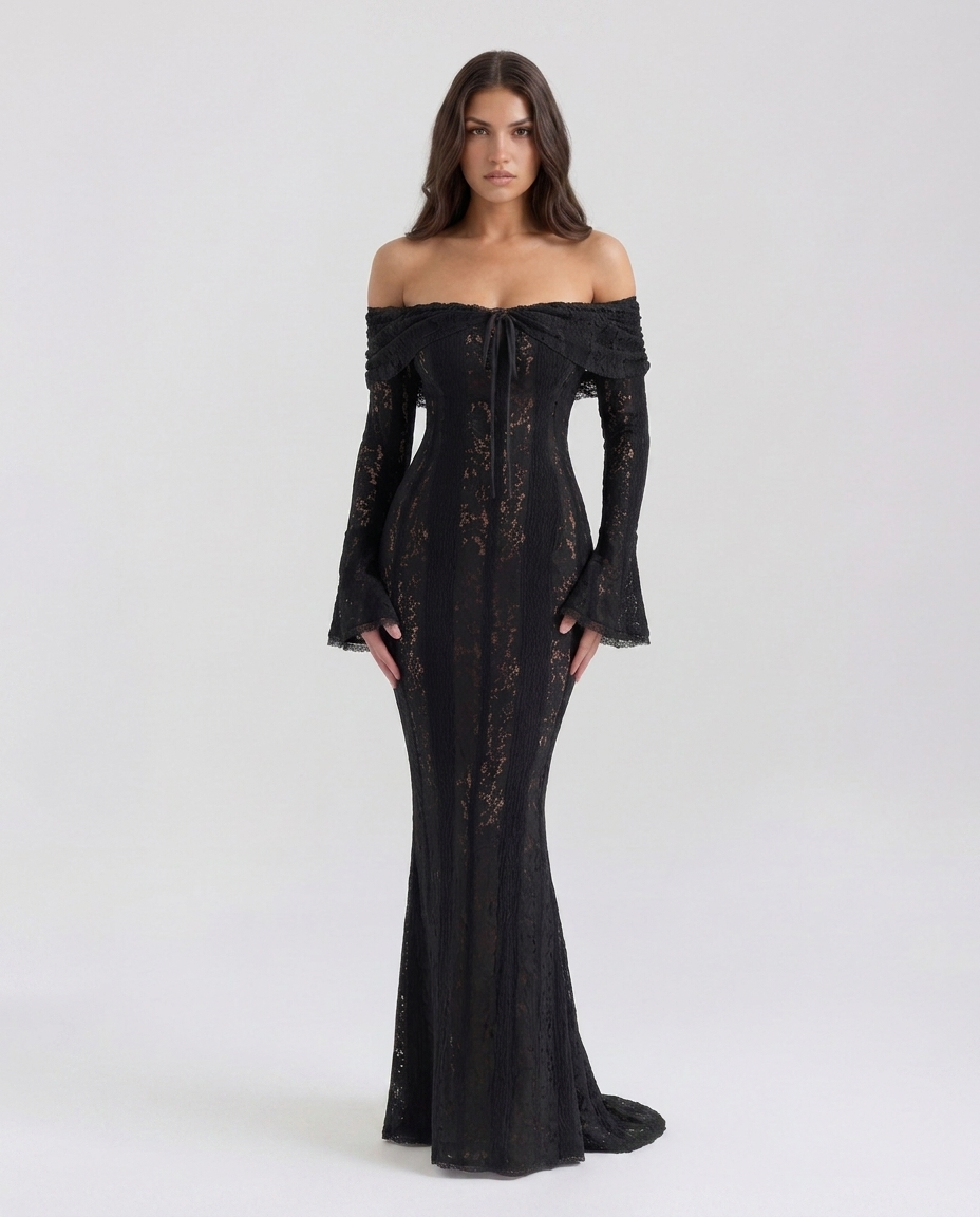 Alessandra off-shoulder lace maxi gown front