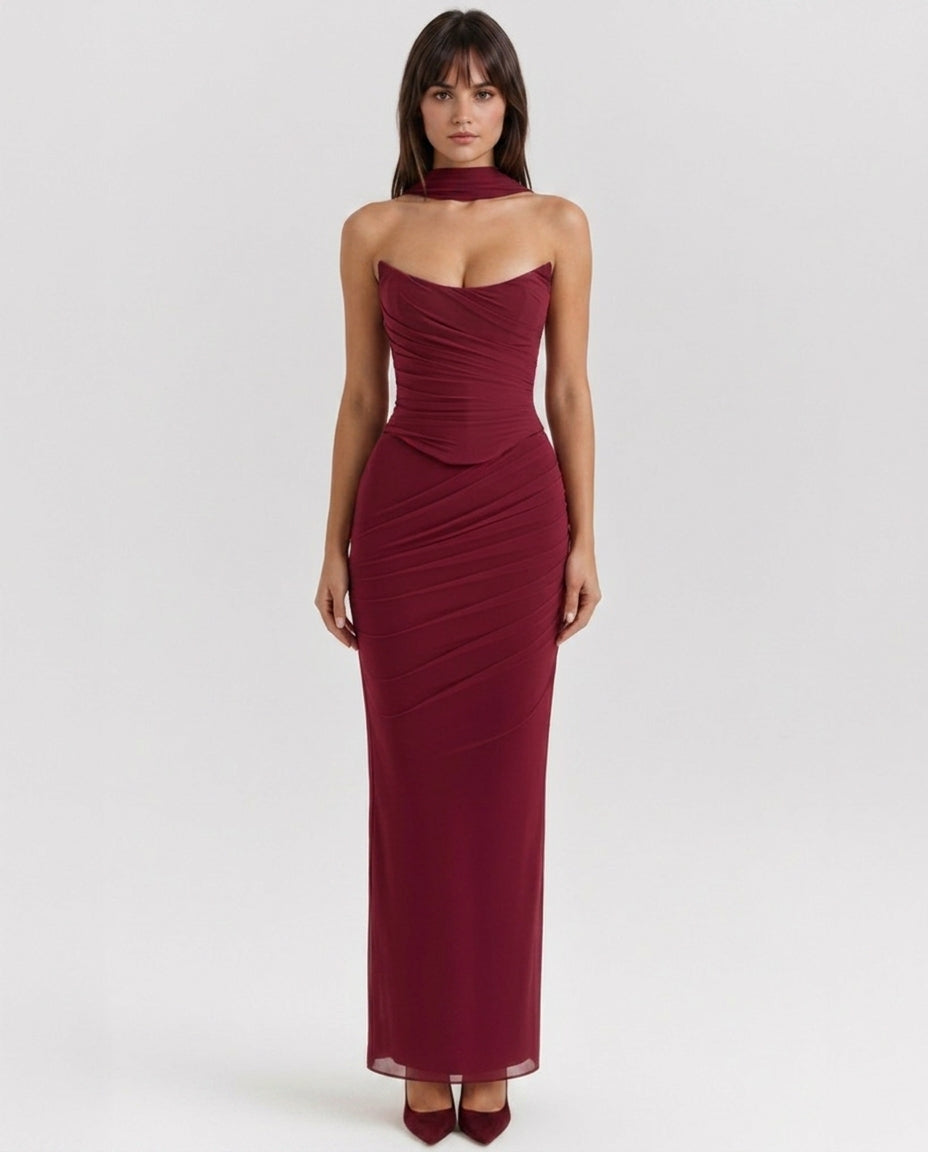Malu burgundy mesh corset maxi set front