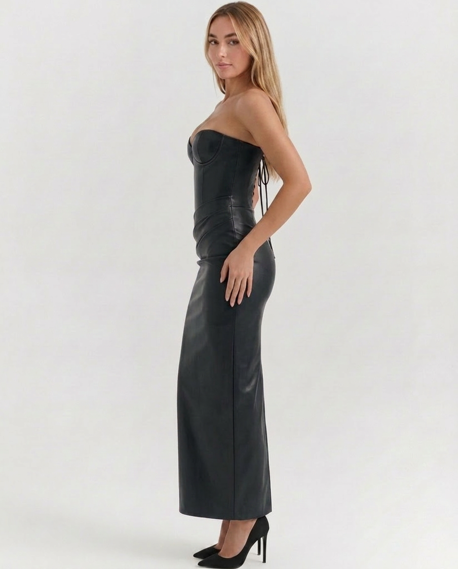 Carmen | Strapless Faux-Leather Midi Dress