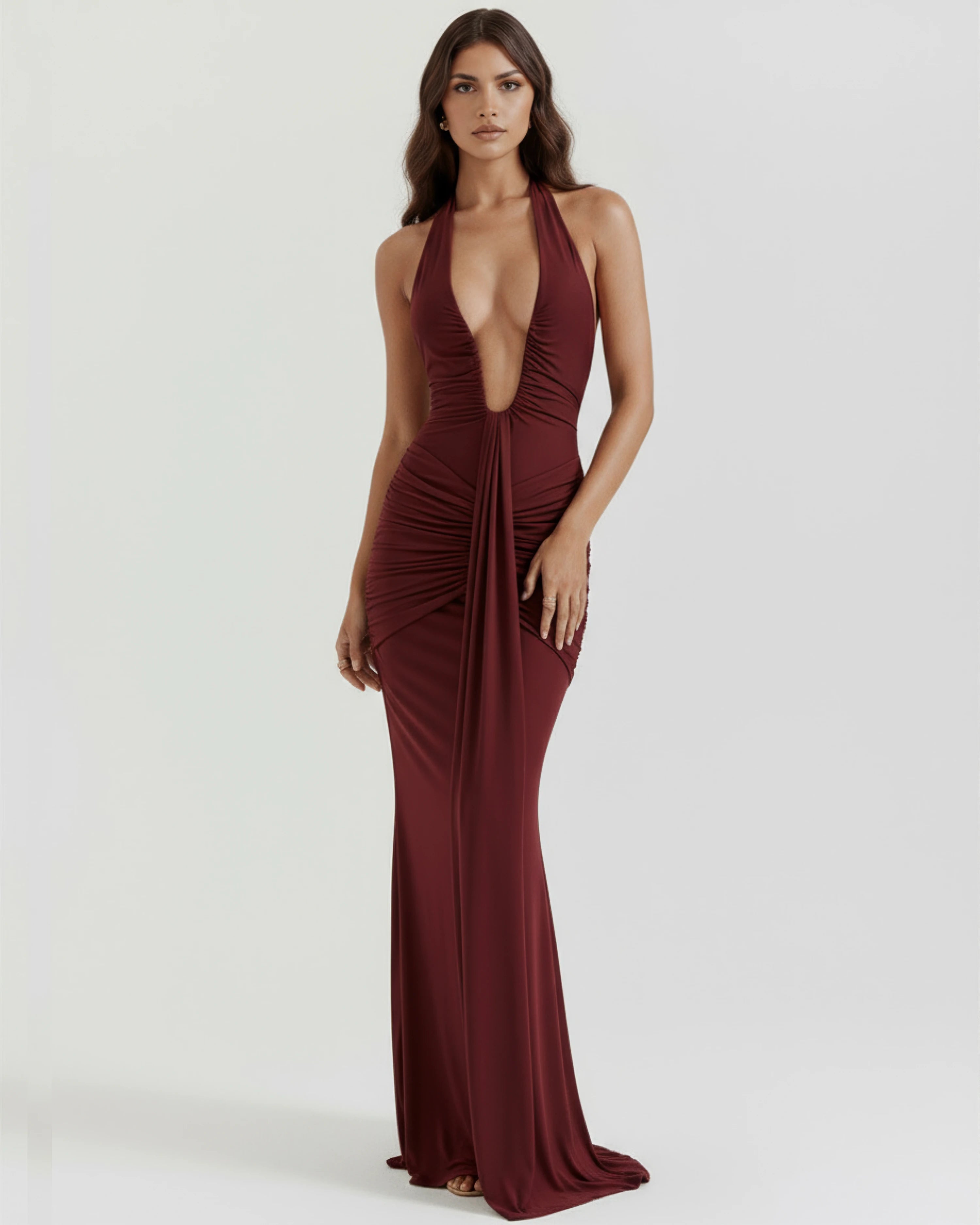 Liliane burgundy plunge halter maxi dress - front