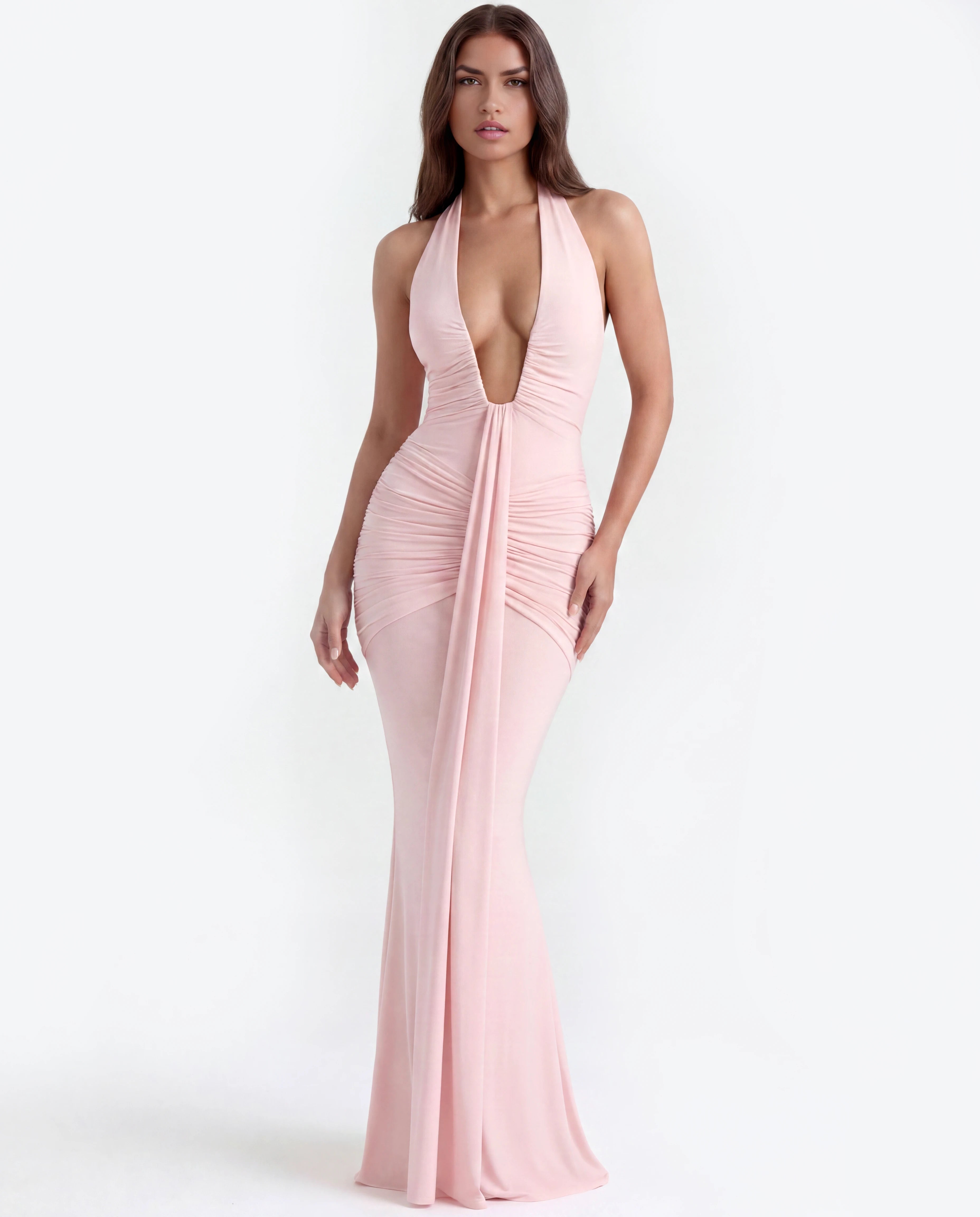 Liliane blush pink plunge halter maxi dress - front