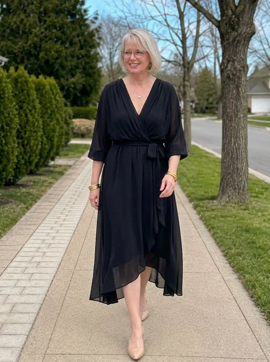 Louisa | Chiffon V-Neck Dress - Black - Tillybelle