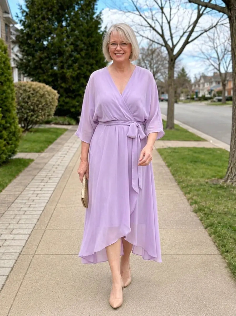 Louisa | Chiffon V-Neck Dress - Lilac - Tillybelle