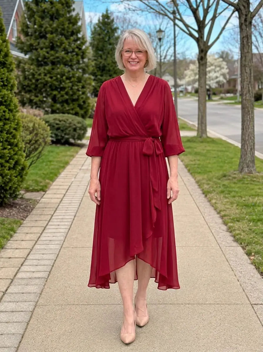 Louisa | Chiffon V-Neck Dress - Red - Tillybelle