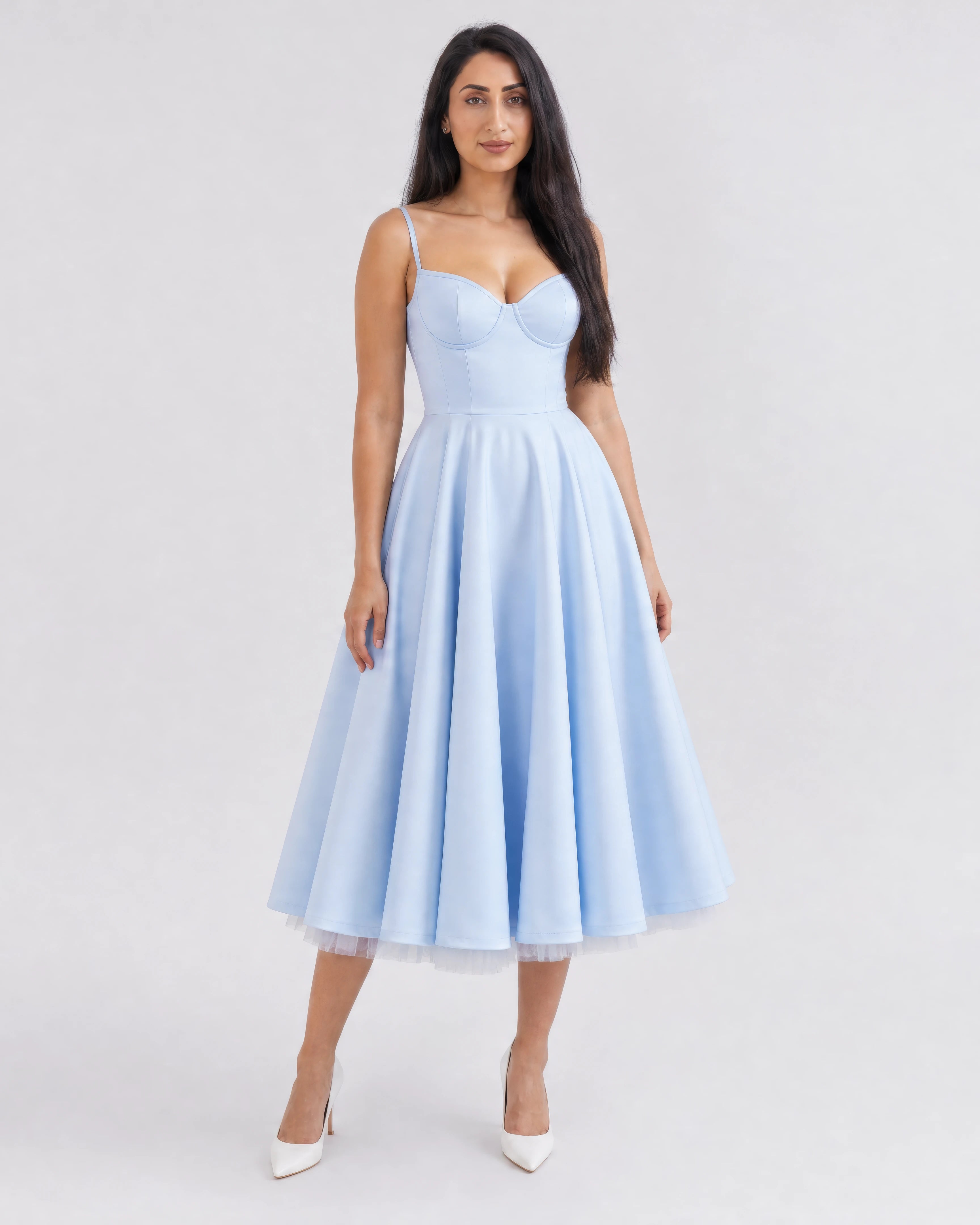 Mirabelle sweetheart tulle midi dress in baby blue, studio