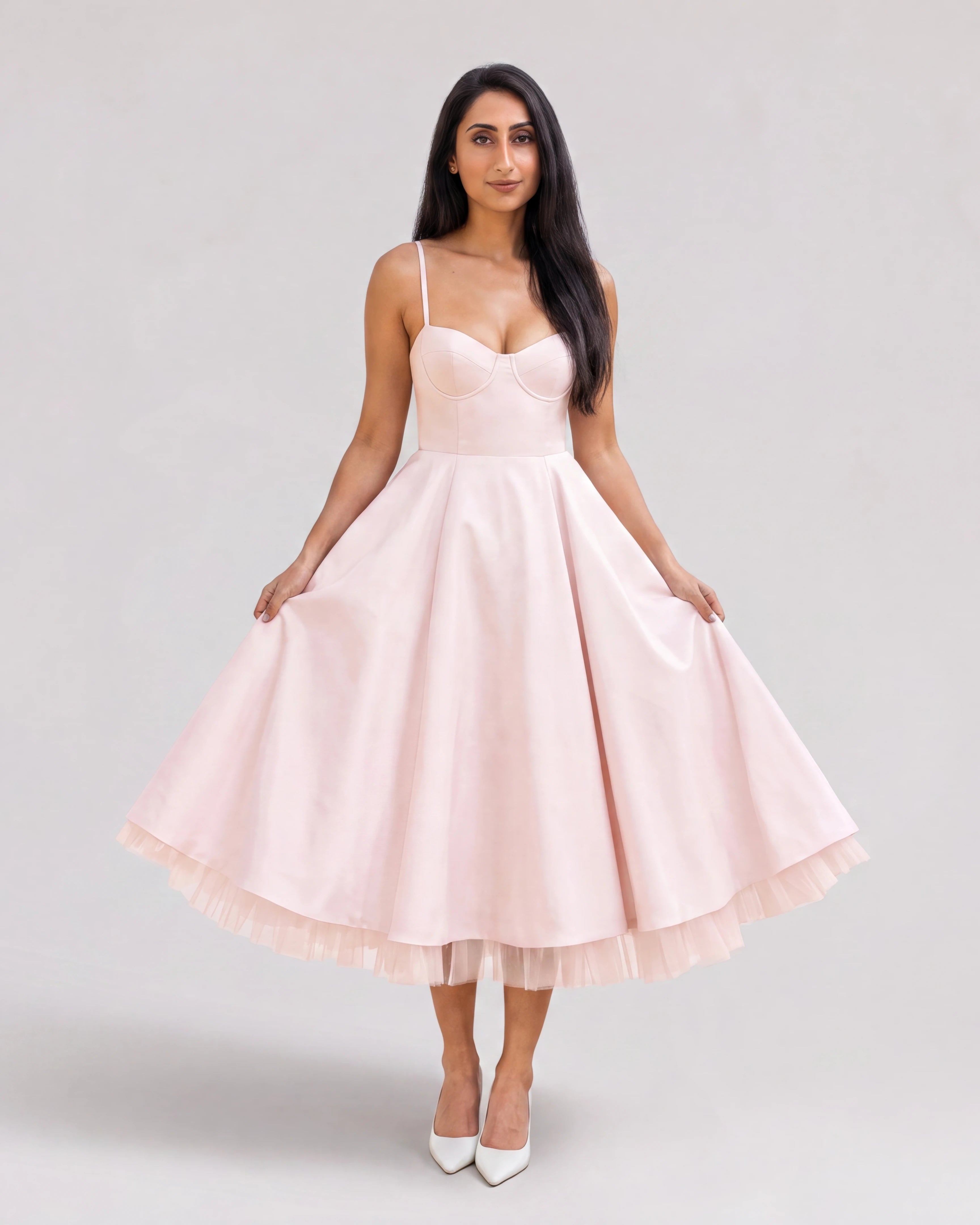 Mirabelle sweetheart tulle midi dress in blush, studio