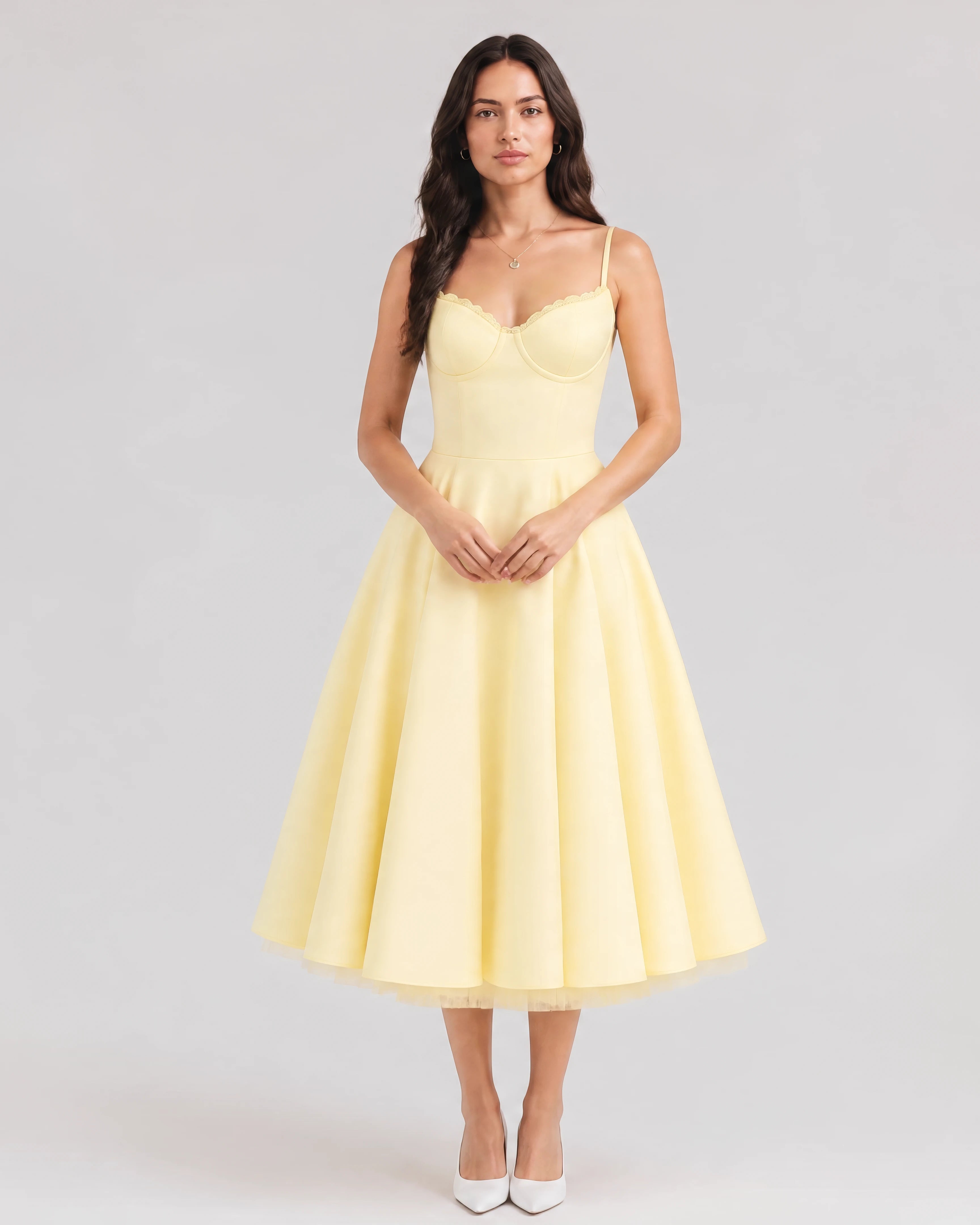 Mirabelle sweetheart tulle midi dress in butter yellow, studio