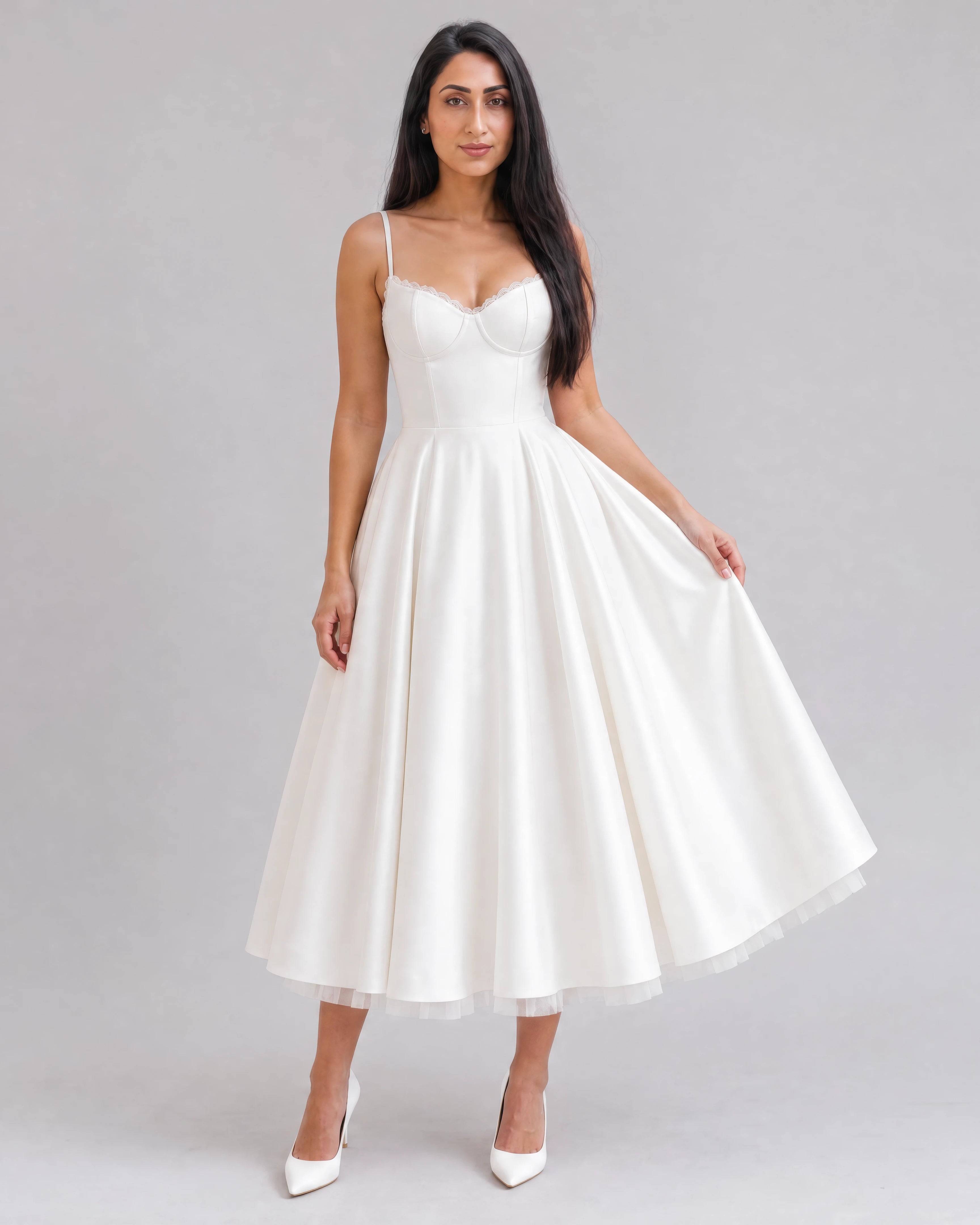Mirabelle sweetheart tulle midi dress in white, studio