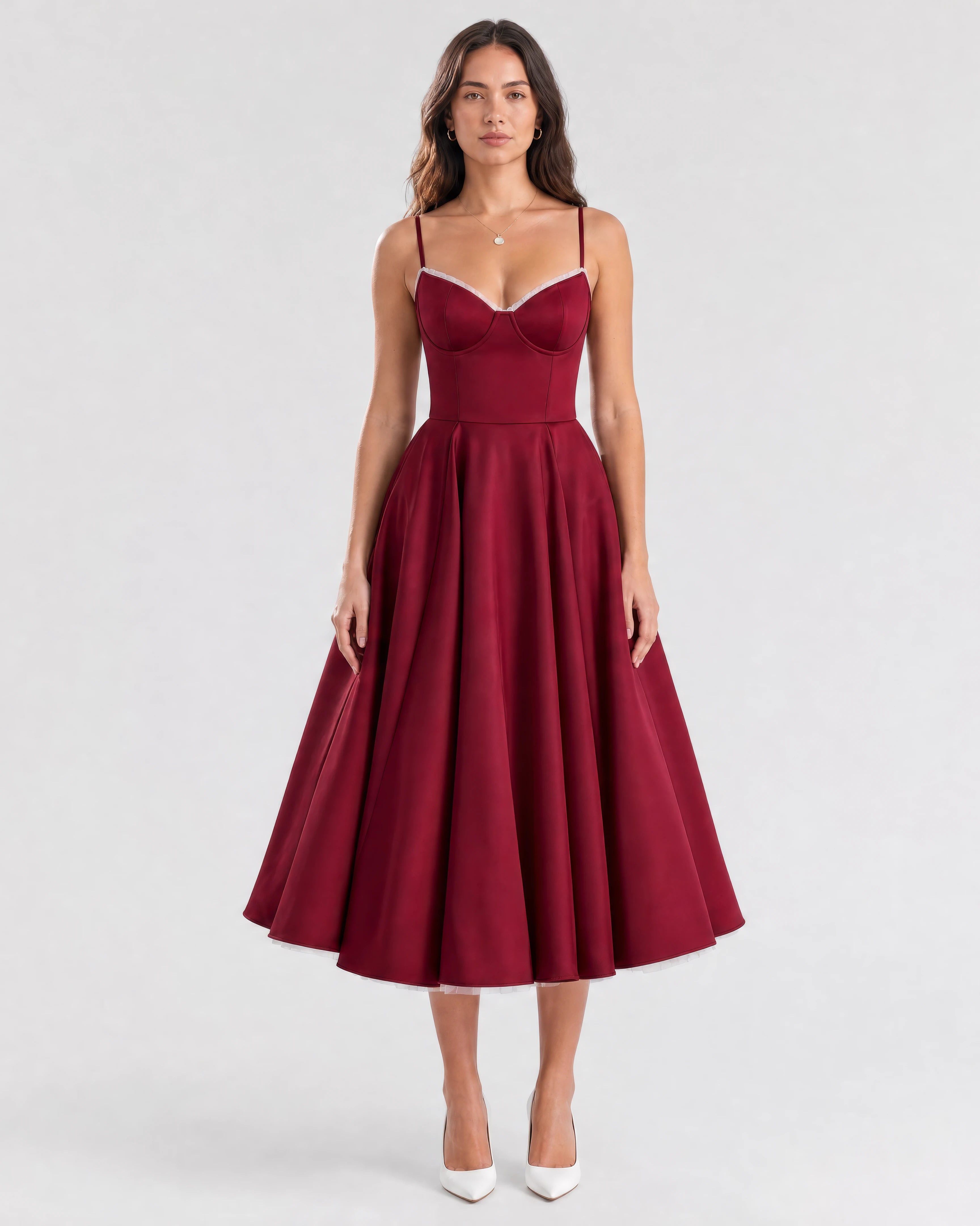 Mirabelle sweetheart tulle midi dress in wine, studio