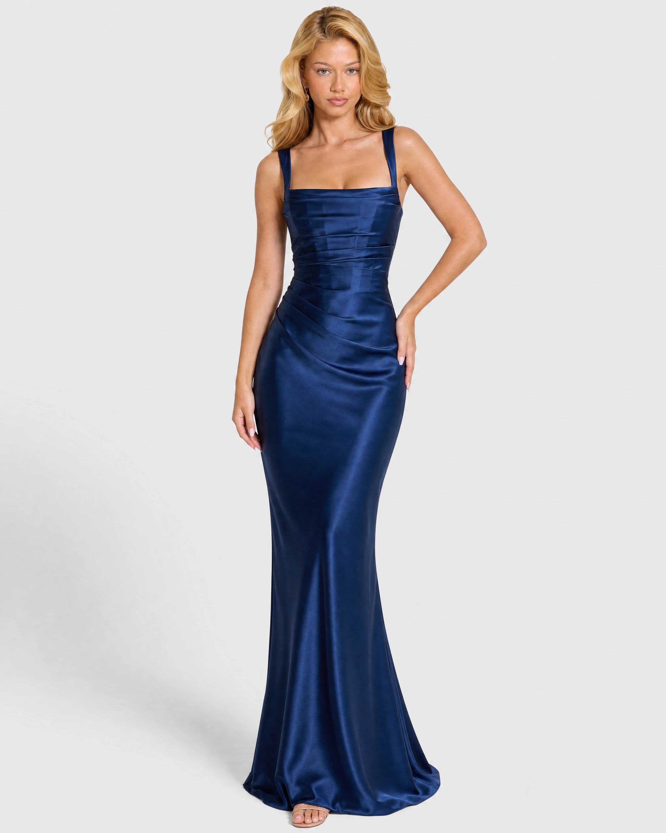 Nora navy blue satin column gown - front three-quarter