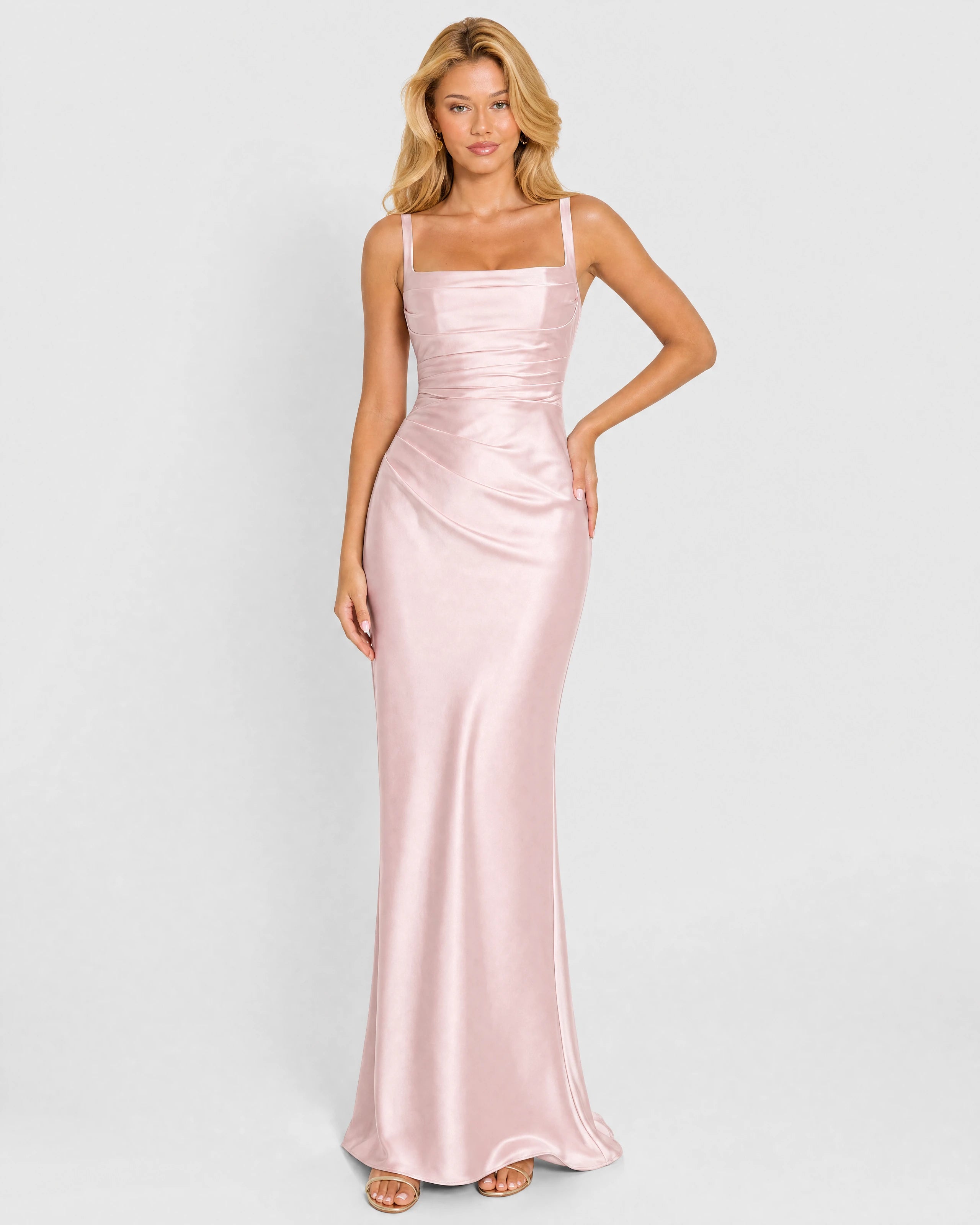 Nora soft pink satin column gown - front three-quarter