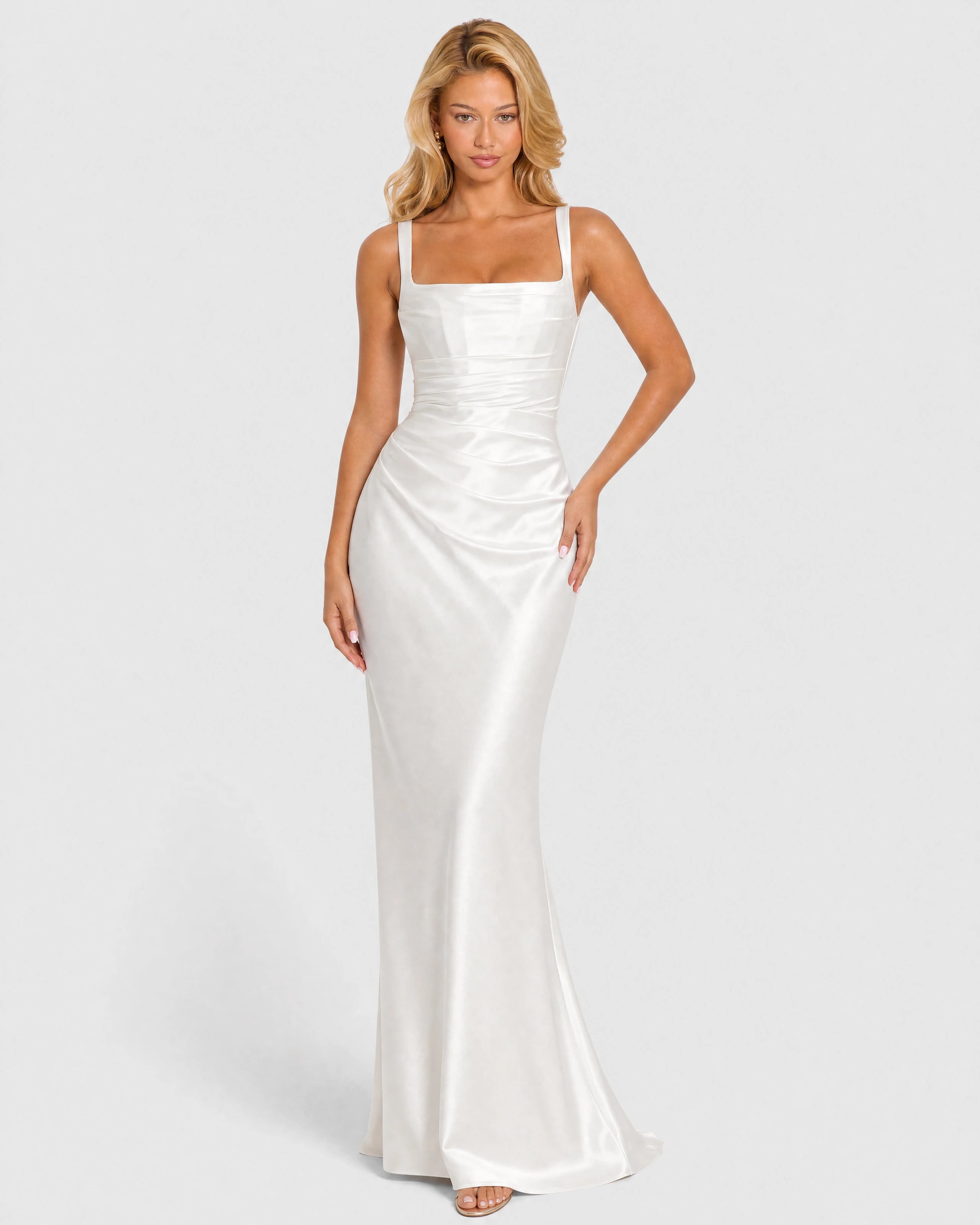 Nora white satin column gown - front three-quarter