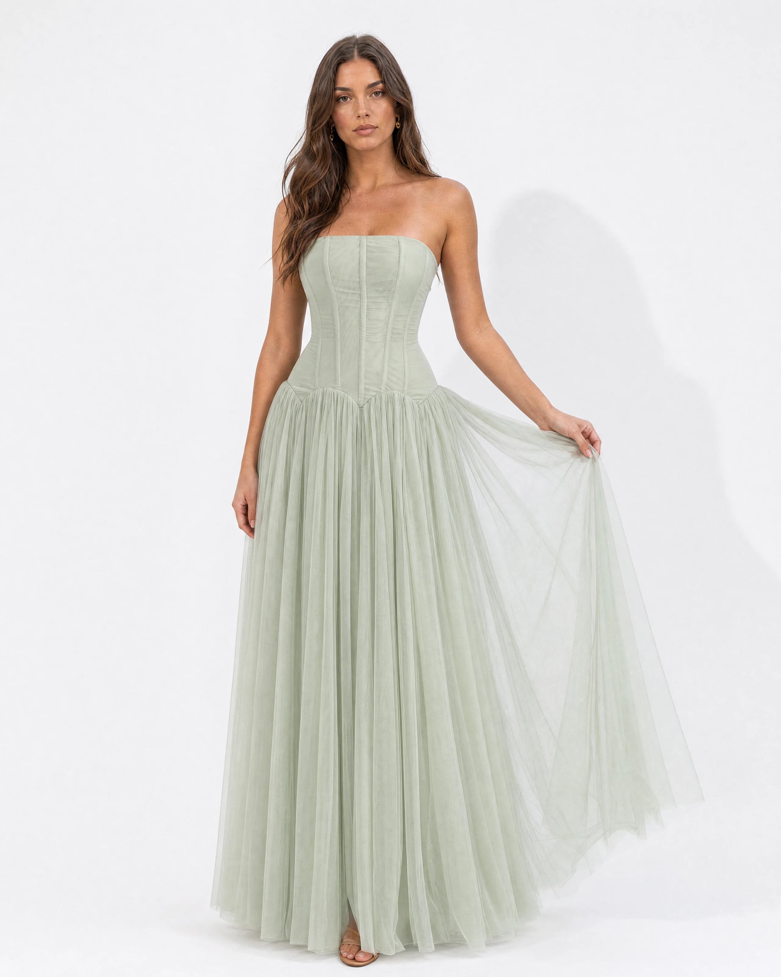 Odélie sage green tulle gown - skirt detail